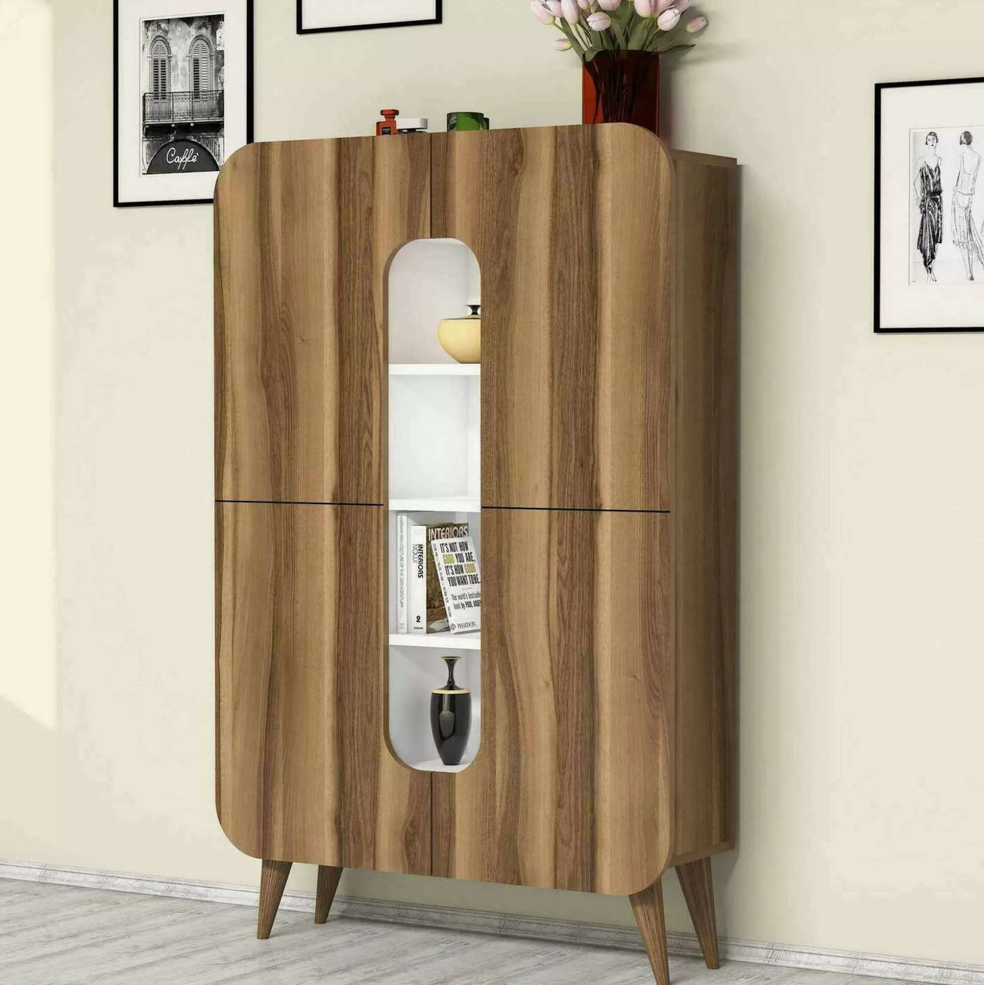 Dmora Credenze<Credenza Novella, 93x32h144 cm, Noce e Bianco