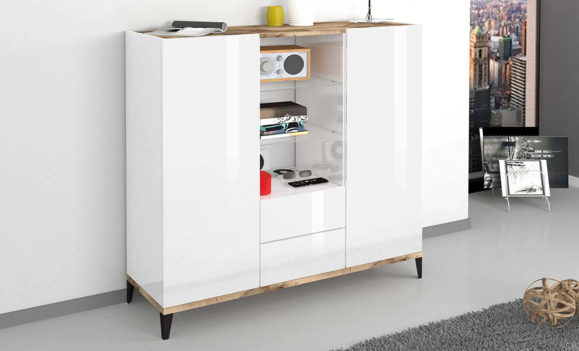 Dmora Credenze<Credenza Scirocco, cm 120x40h133, Bianco lucido e Acero