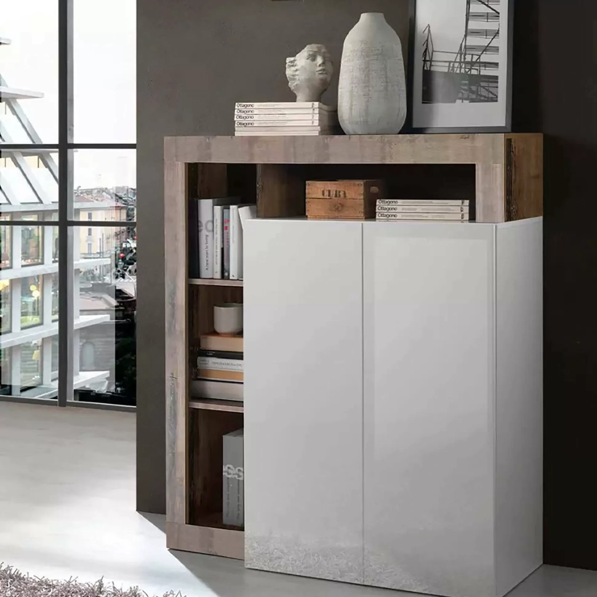 Dmora Credenze<Credenza Smeraldo, 108x42 h127 cm, Bianco lucido e Acacia