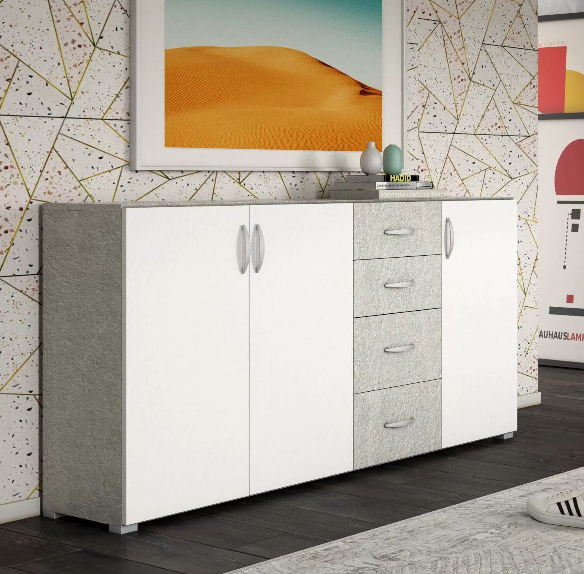 Dmora Credenze<Credenza Talas, 160x35h83 cm, Bianco e Cemento