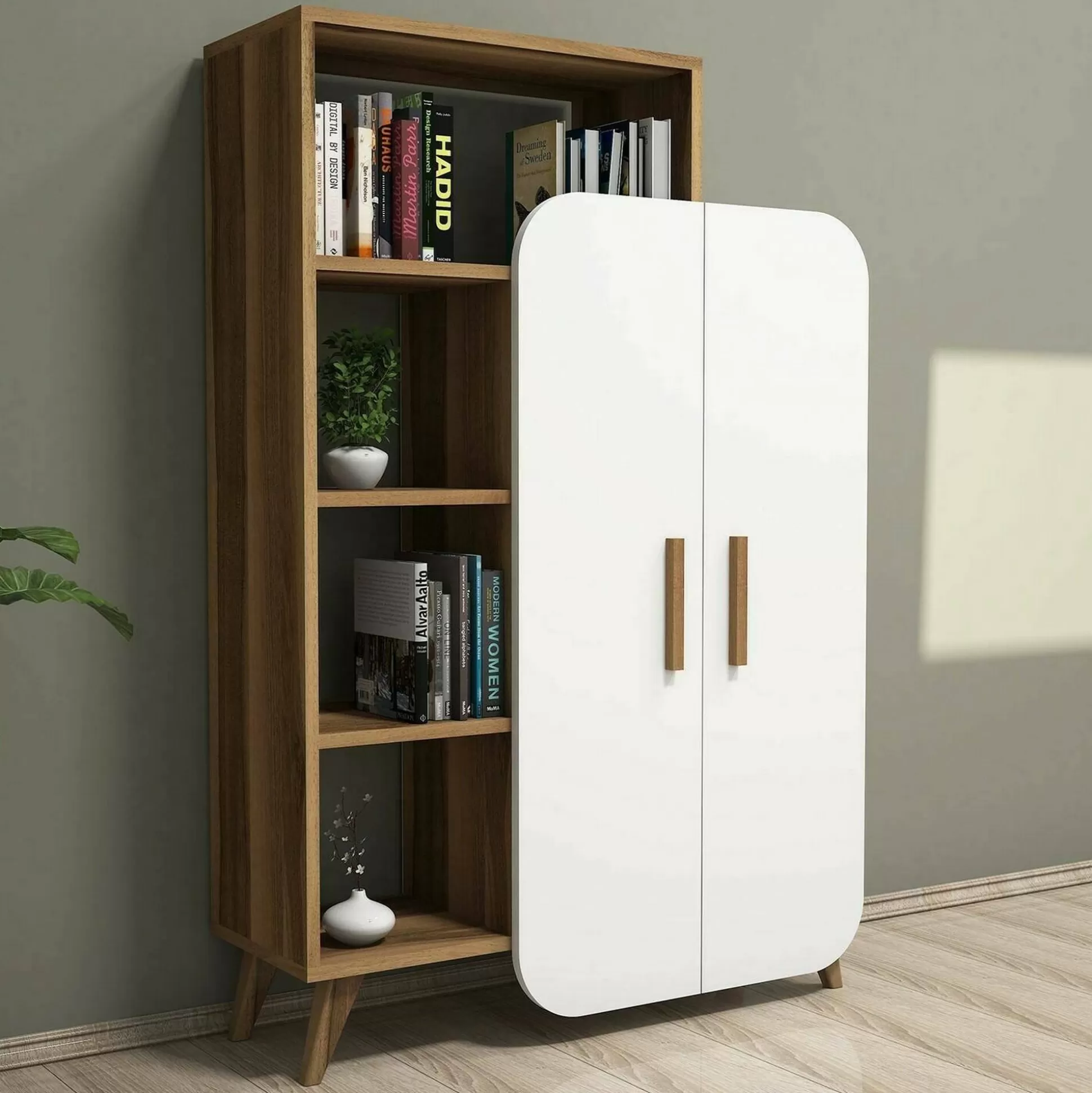 Dmora Credenze<Credenza Tormalina, 90x32h132 cm, Noce e Bianco