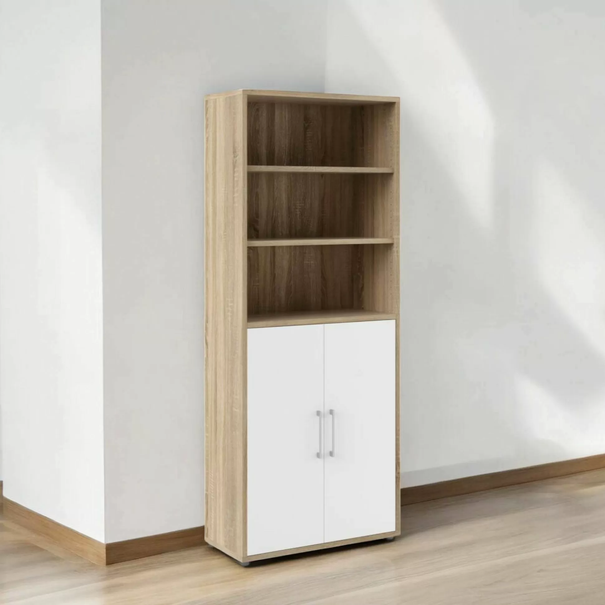 Dmora Credenze<Credenza Valsesia, 89x40 h222 cm, Quercia e Bianco