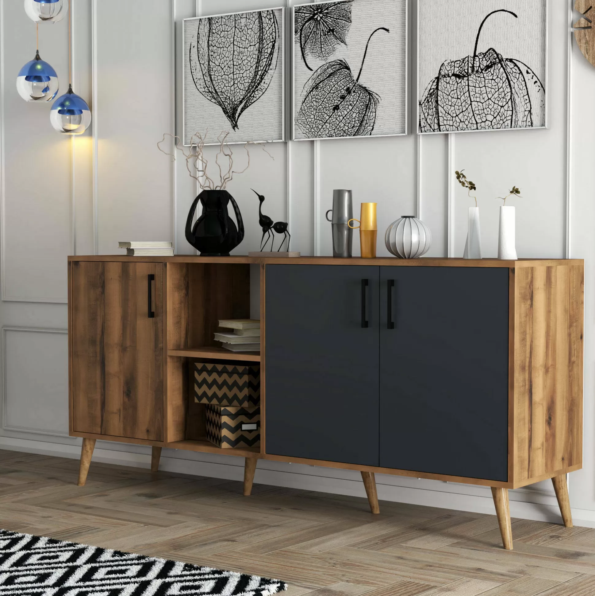 Dmora Credenze<Credenza Vardah, 180x45 h80 cm, Noce e Antracite