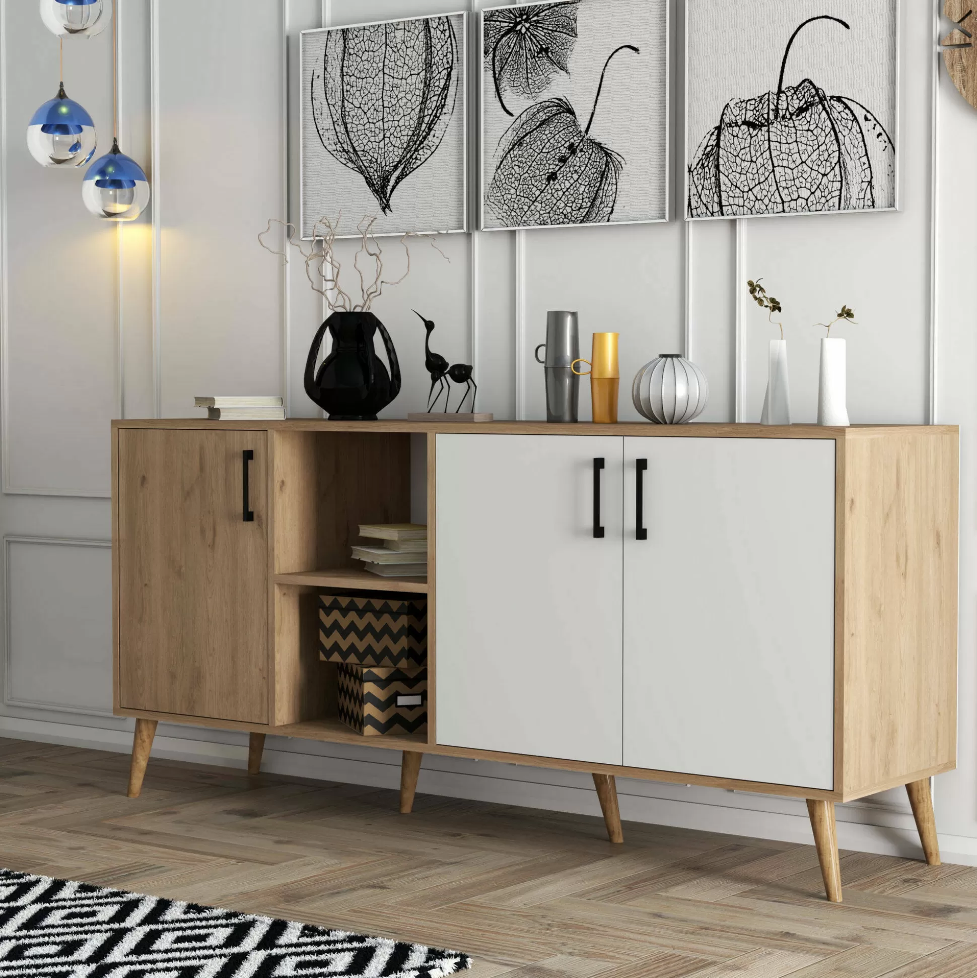 Dmora Credenze<Credenza Vardah, 180x45 h80 cm, Quercia e Bianco