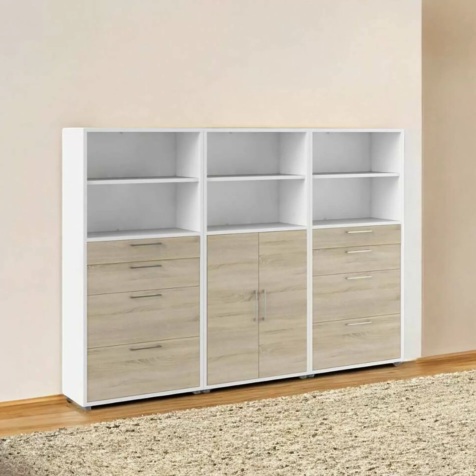 Dmora Credenze<Credenza Vinovo, 267x40 h186 cm, Bianco e Quercia