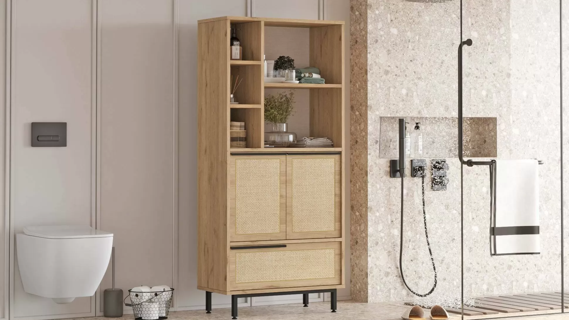 Dmora Credenze<Credenza Vinta, 75x36 h162 cm, Noce e Quercia