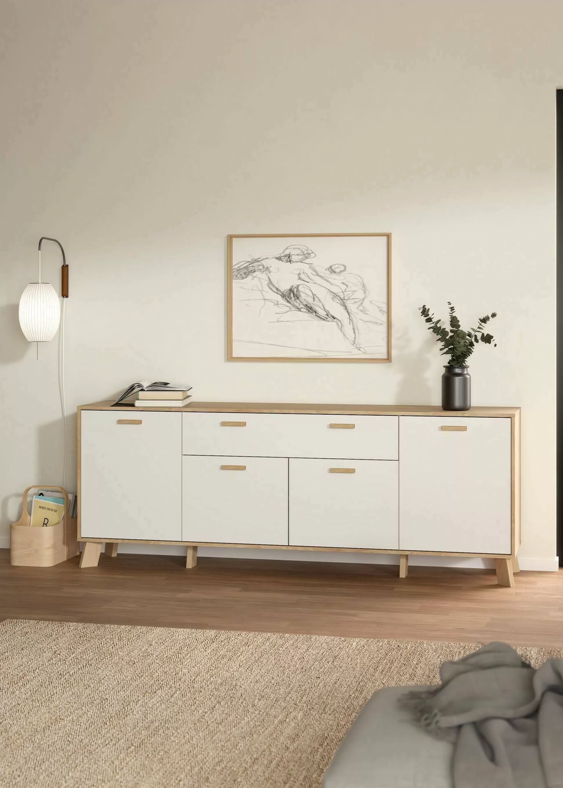 Dmora Credenze<Credenza Wukong, 39x196 h73 cm, Rovere e Bianco