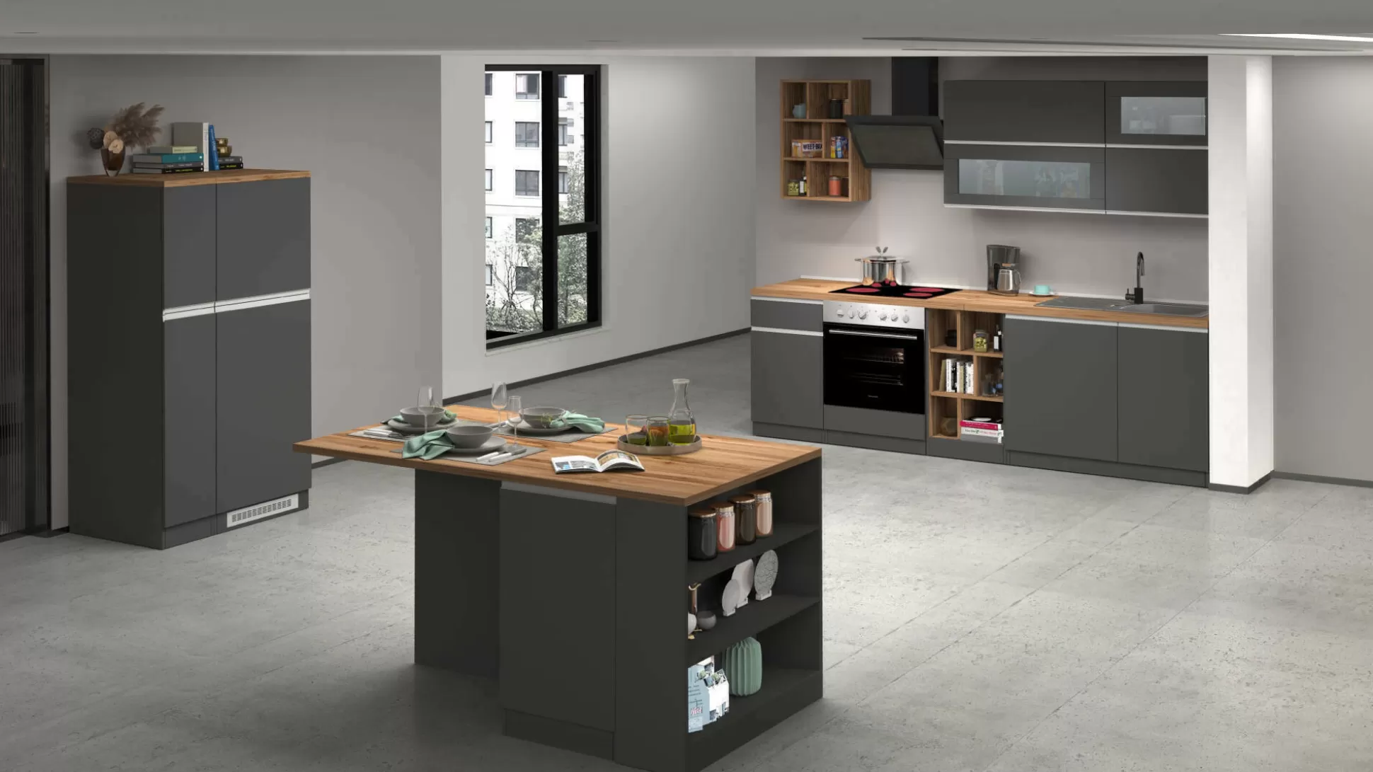 Dmora Cucine Complete<Cucina completa Appiah, 100% Made in Italy, Antracite e Rovere
