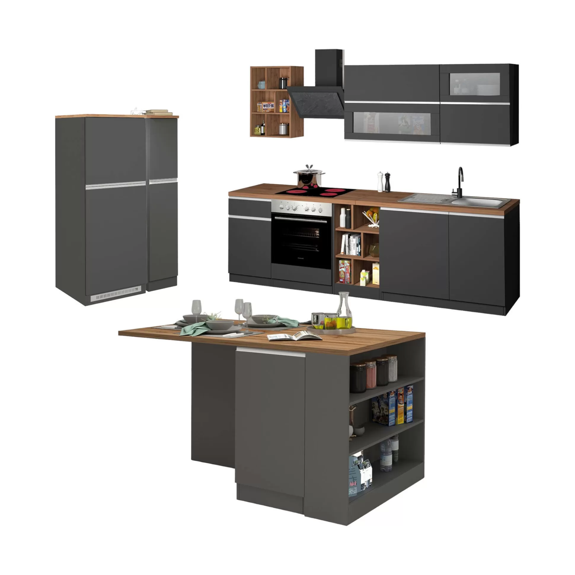 Dmora Cucine Complete<Cucina completa Appiah, 100% Made in Italy, Antracite e Rovere