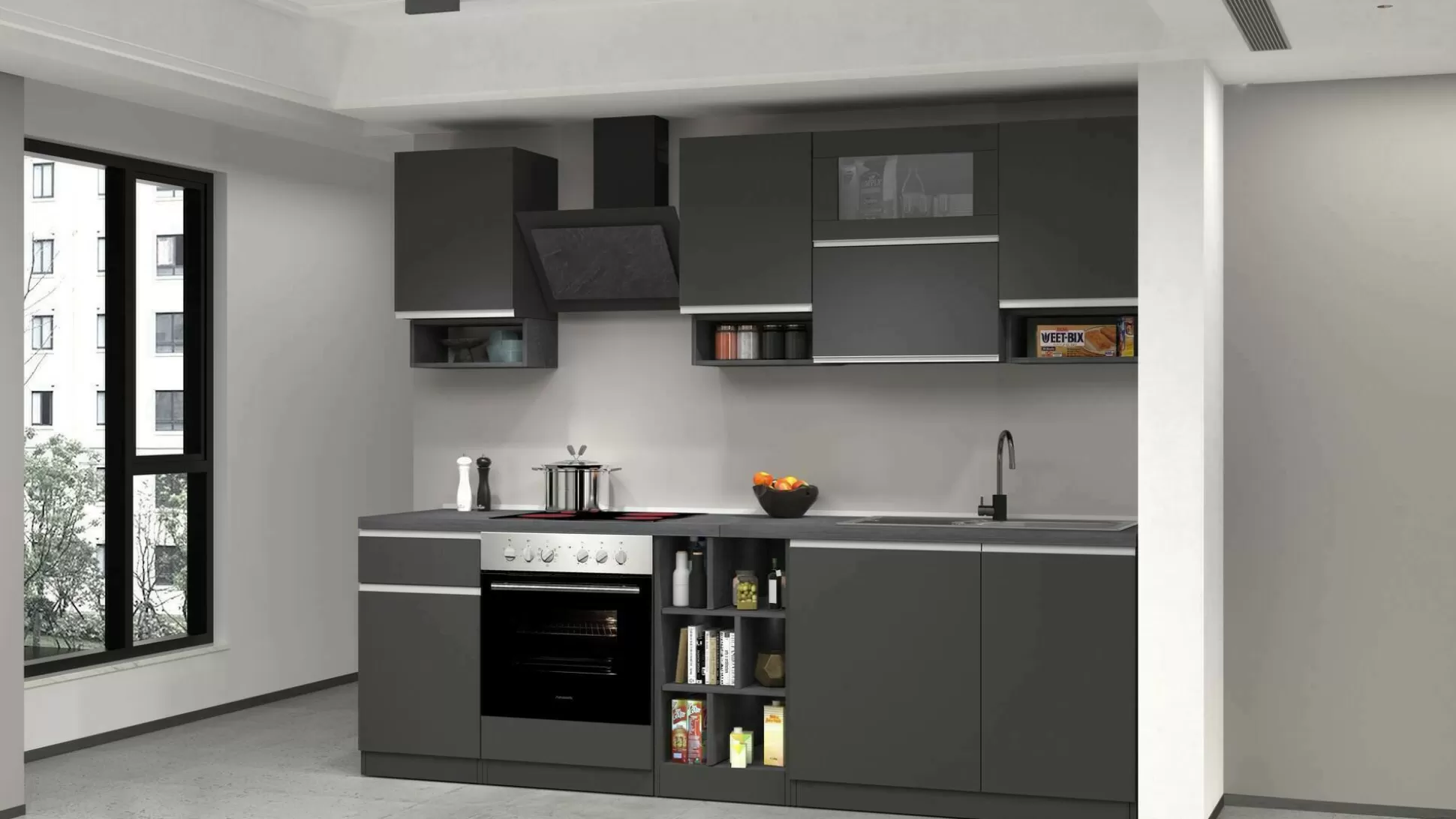 Dmora Cucine Complete<Cucina completa Attiko, 255x60h85 cm, Antracite e Ardesia