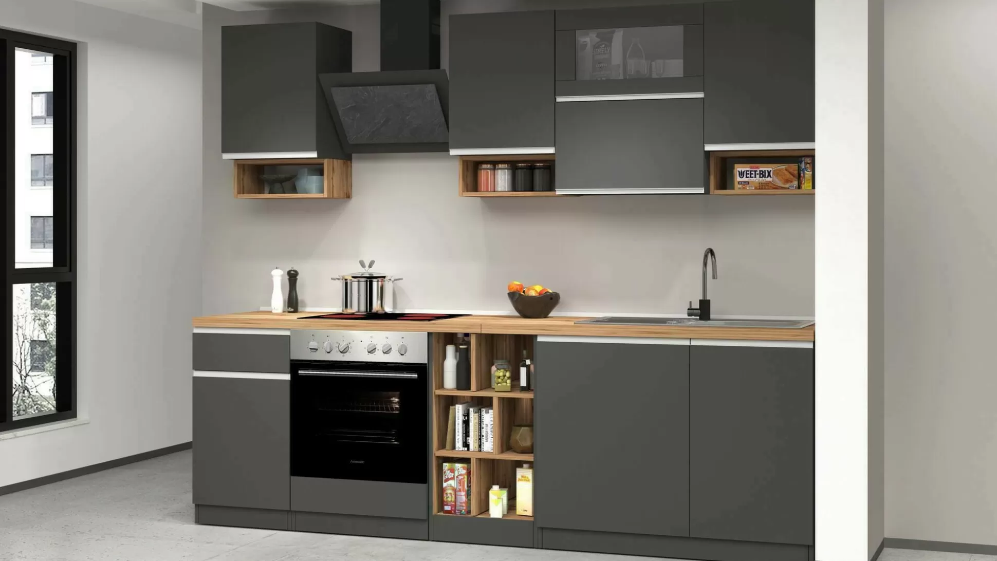 Dmora Cucine Complete<Cucina completa Attiko, 255x60h85 cm, Antracite e Rovere