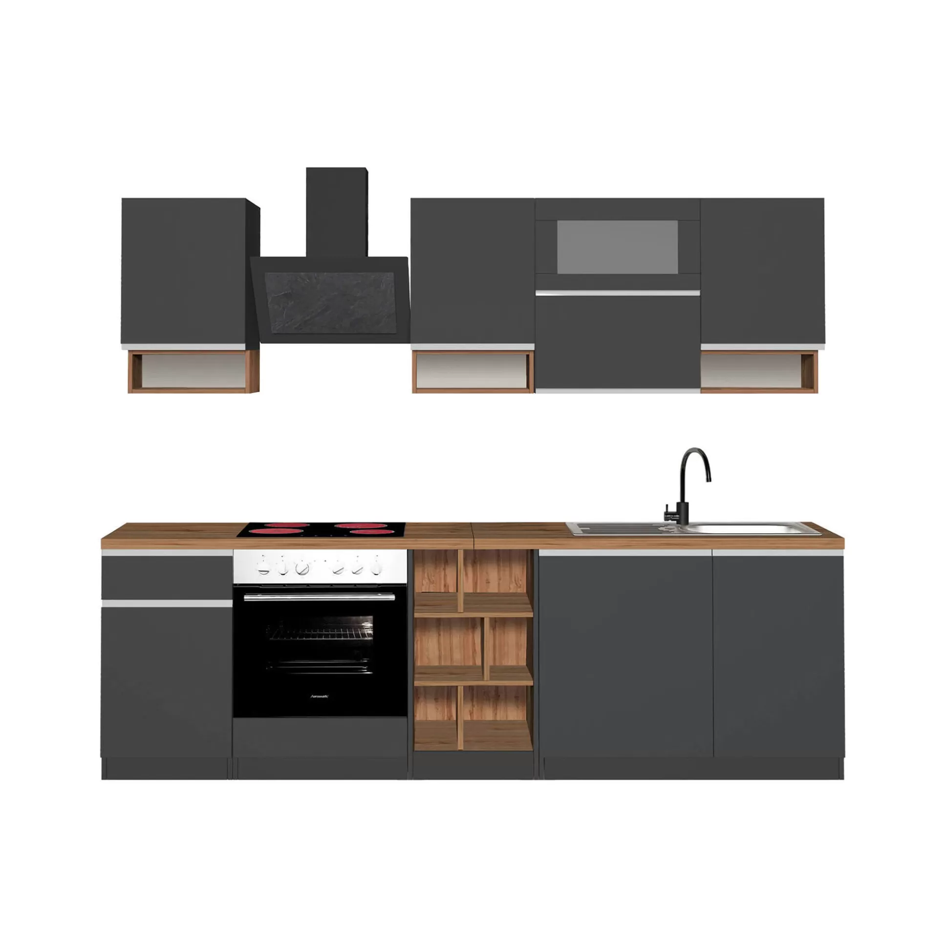 Dmora Cucine Complete<Cucina completa Attiko, 255x60h85 cm, Antracite e Rovere