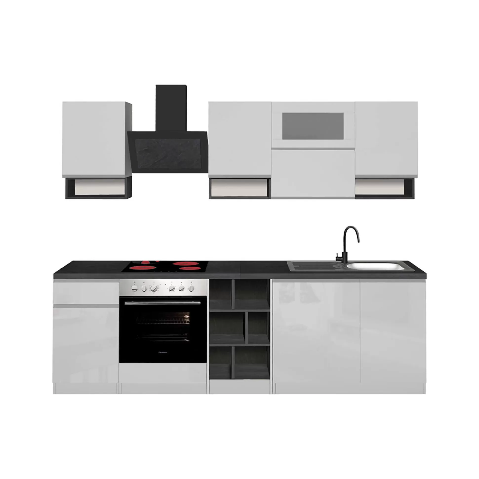 Dmora Cucine Complete<Cucina completa Attiko, 255x60h85 cm, Bianco lucido e Ardesia