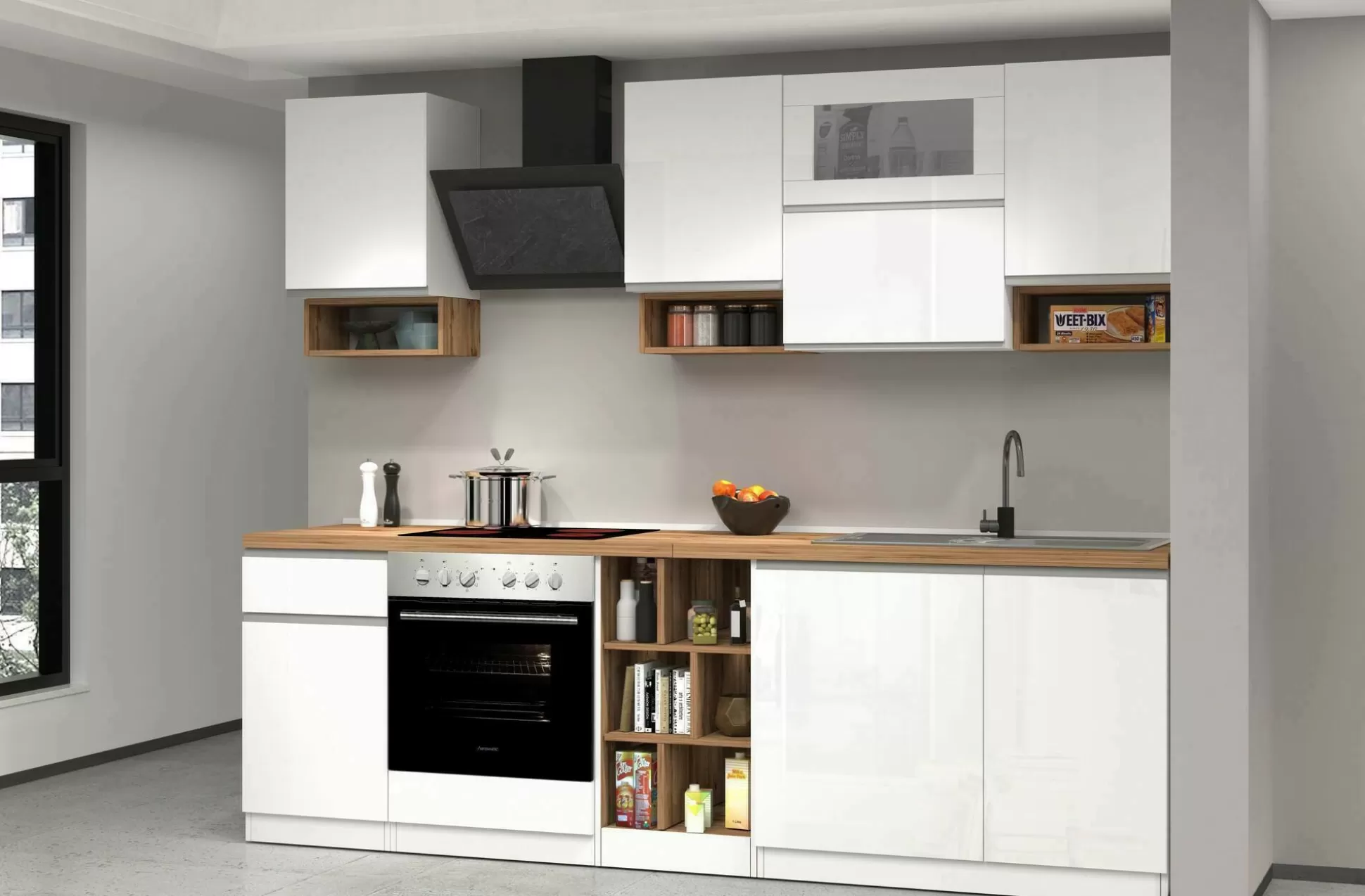 Dmora Cucine Complete<Cucina completa Attiko, 255x60h85 cm, Bianco lucido e Rovere