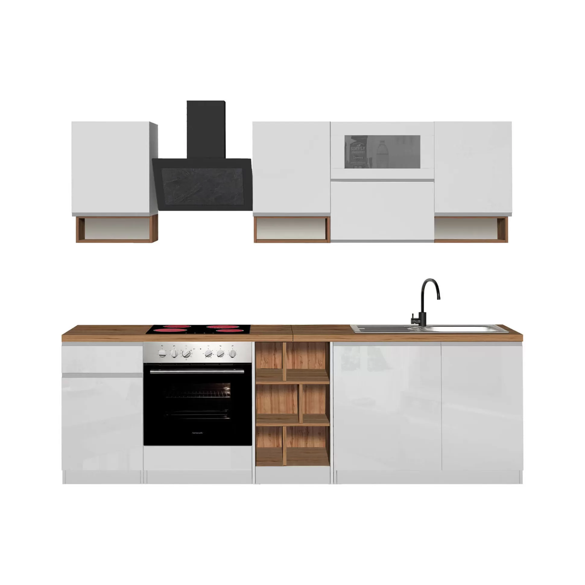 Dmora Cucine Complete<Cucina completa Attiko, 255x60h85 cm, Bianco lucido e Rovere