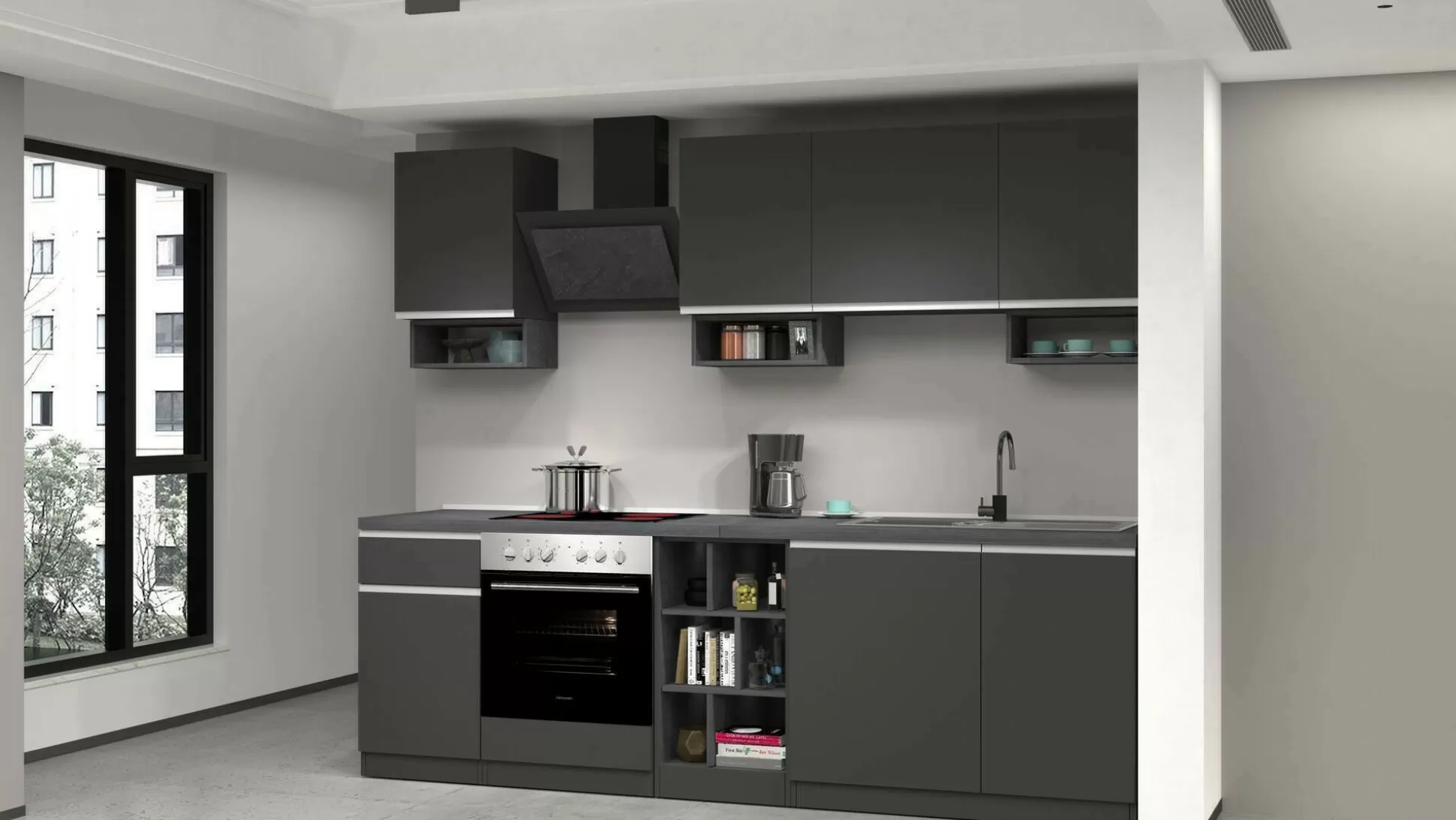 Dmora Cucine Complete<Cucina completa Attimis, 255x60h85 cm, Antracite e Ardesia