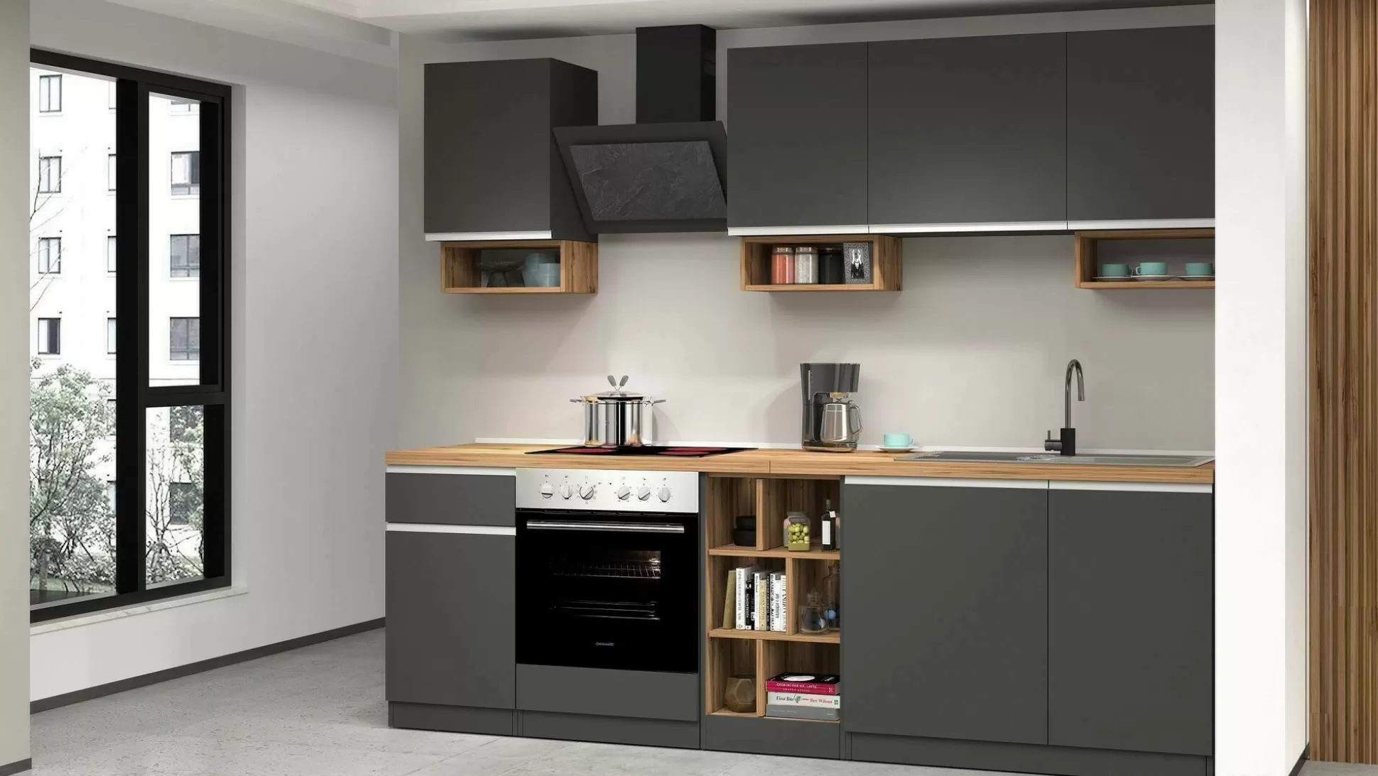 Dmora Cucine Complete<Cucina completa Attimis, 255x60h85 cm, Antracite e Rovere