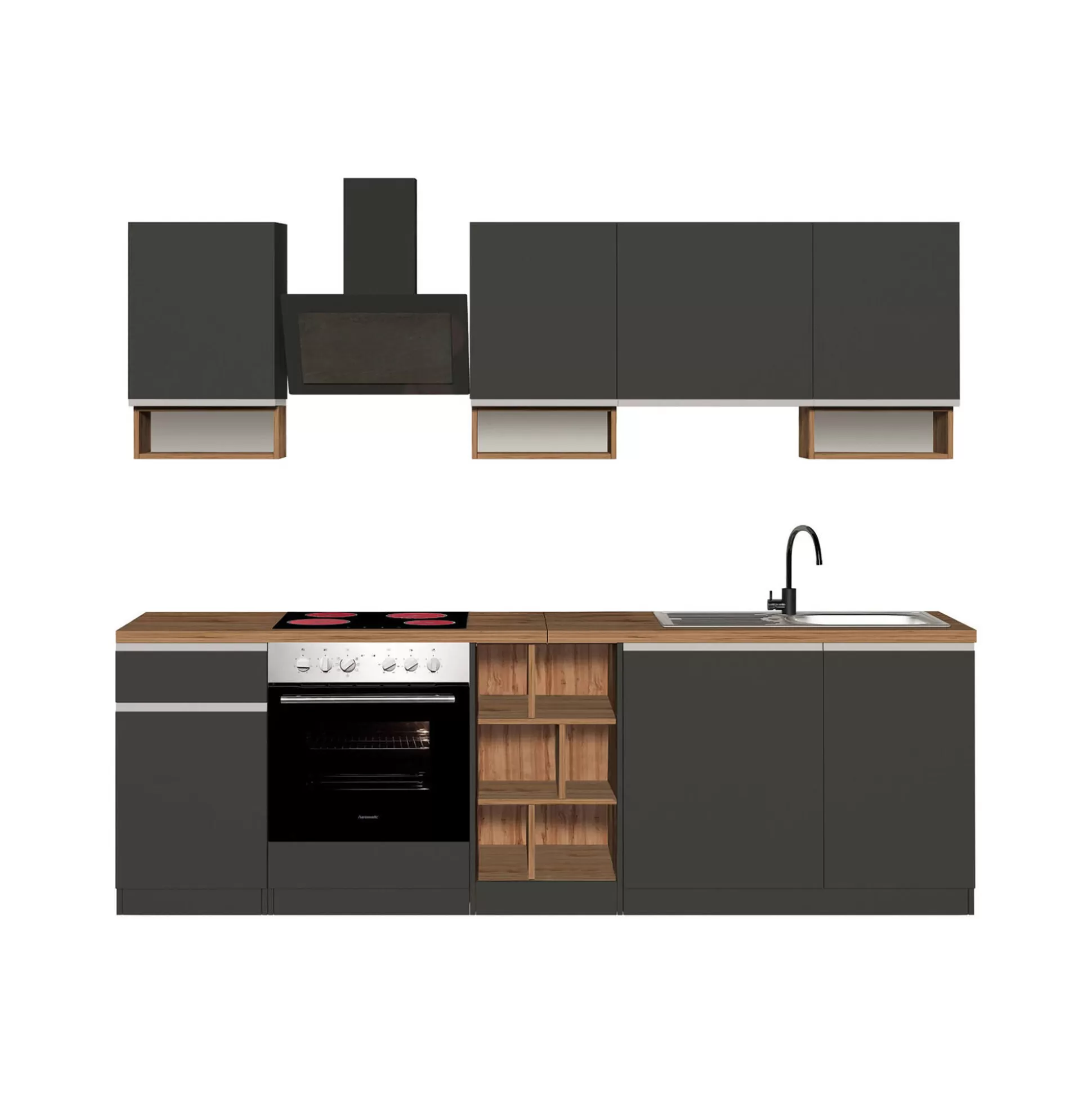 Dmora Cucine Complete<Cucina completa Attimis, 255x60h85 cm, Antracite e Rovere