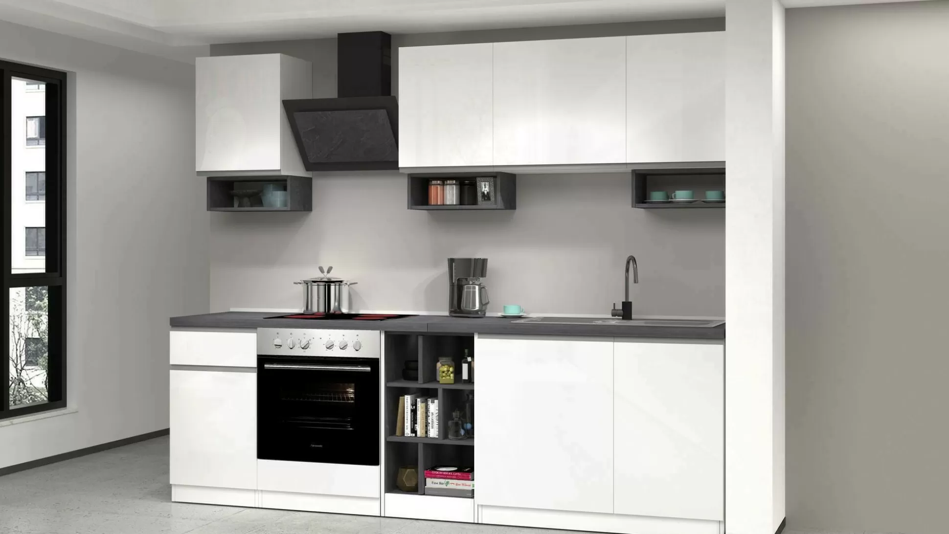 Dmora Cucine Complete<Cucina completa Attimis, 255x60h85 cm, Bianco lucido e Ardesia