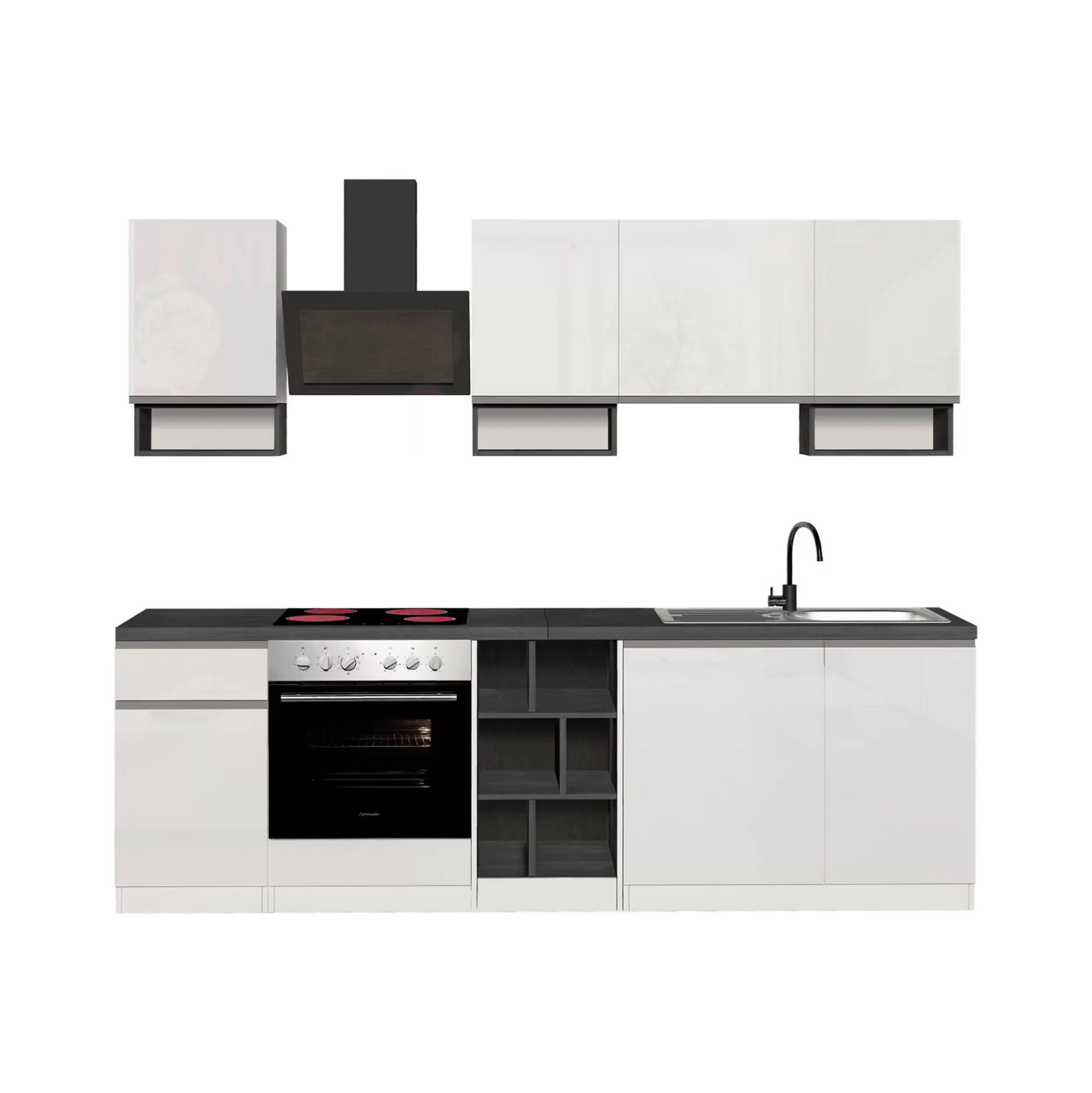 Dmora Cucine Complete<Cucina completa Attimis, 255x60h85 cm, Bianco lucido e Ardesia