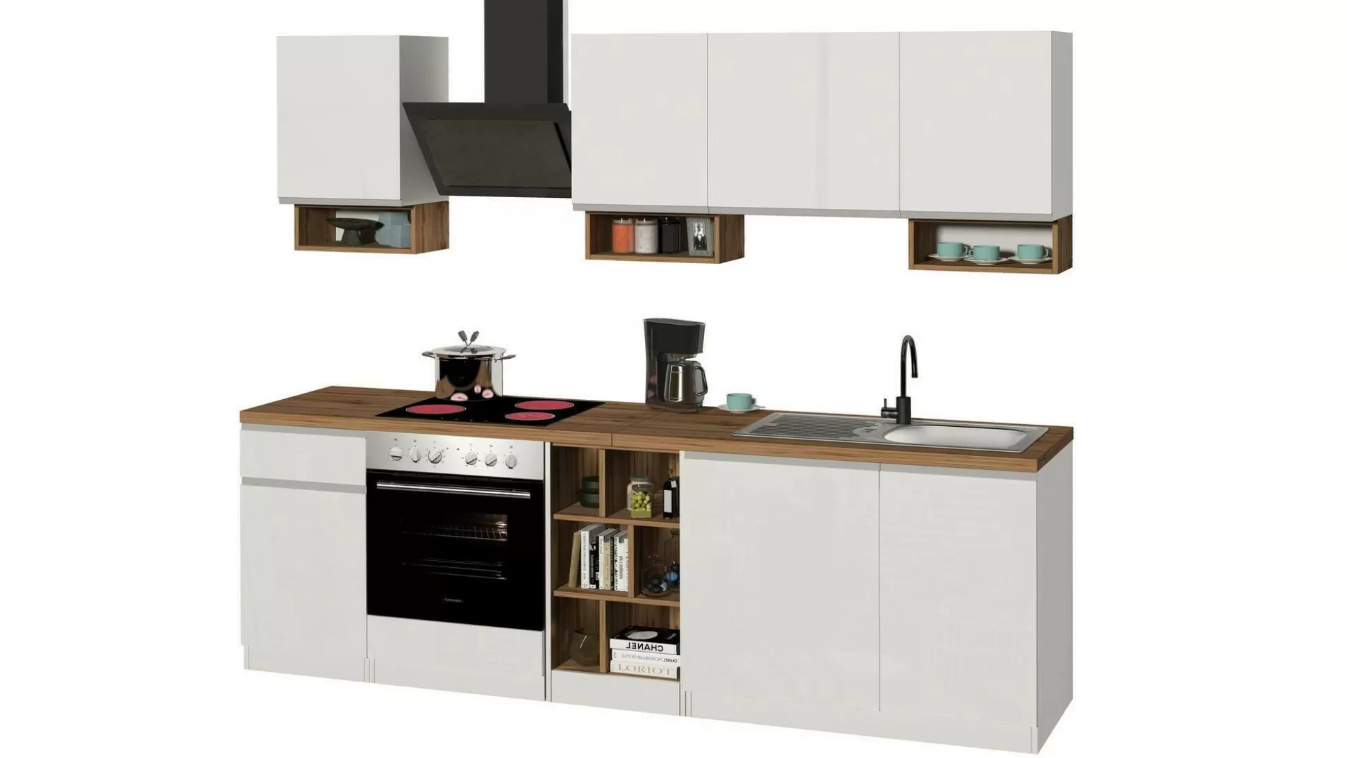 Dmora Cucine Complete<Cucina completa Attimis, 255x60h85 cm, Bianco lucido e Rovere
