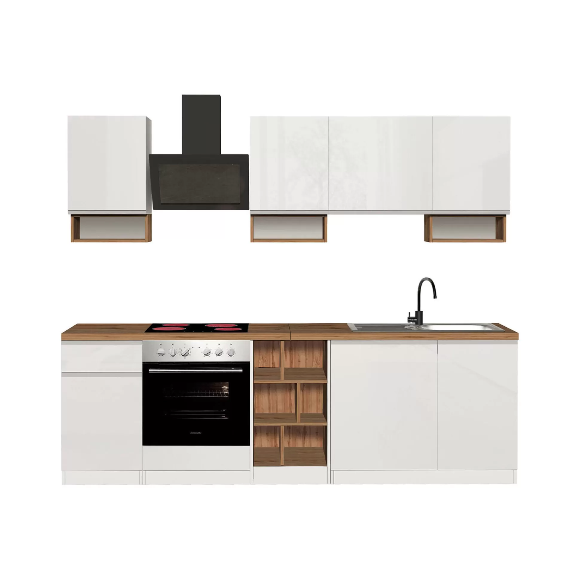 Dmora Cucine Complete<Cucina completa Attimis, 255x60h85 cm, Bianco lucido e Rovere