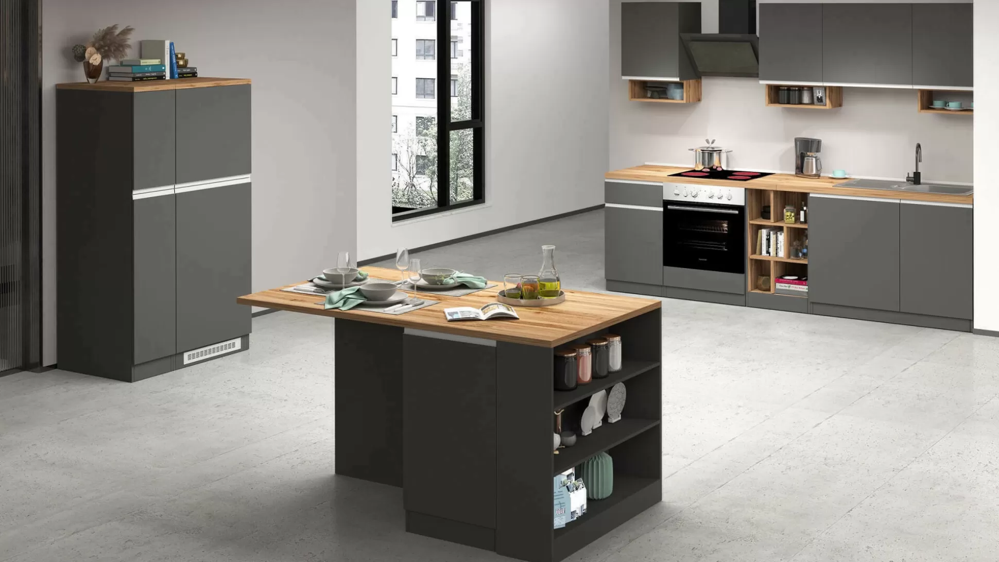 Dmora Cucine Complete<Cucina completa Danderso, 100% Made in Italy, Antracite e Rovere