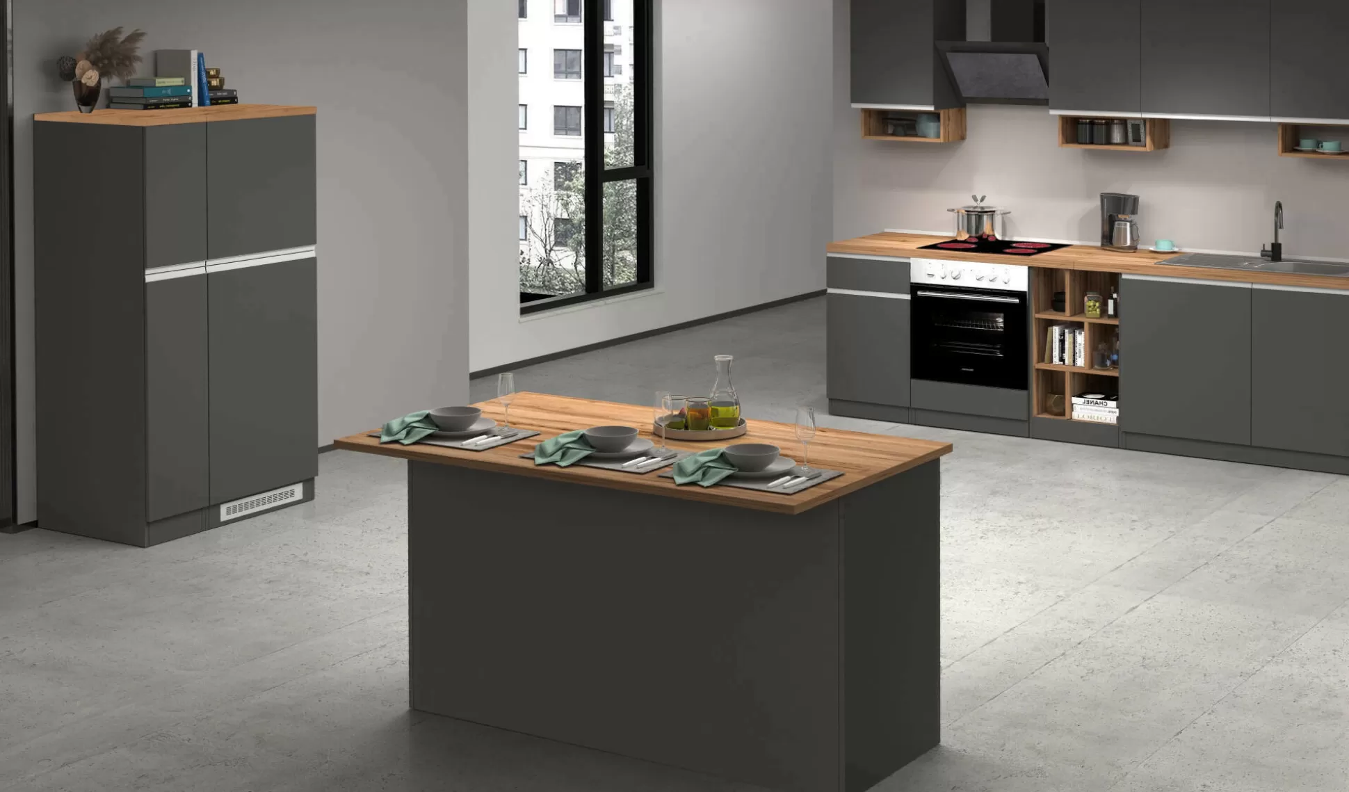 Dmora Cucine Complete<Cucina completa Danderso, 100% Made in Italy, Antracite e Rovere