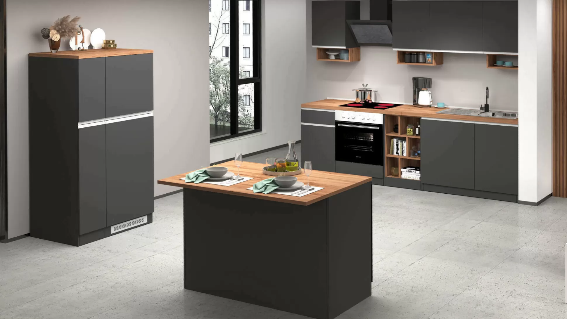 Dmora Cucine Complete<Cucina completa Danderso, 100% Made in Italy, Antracite e Rovere