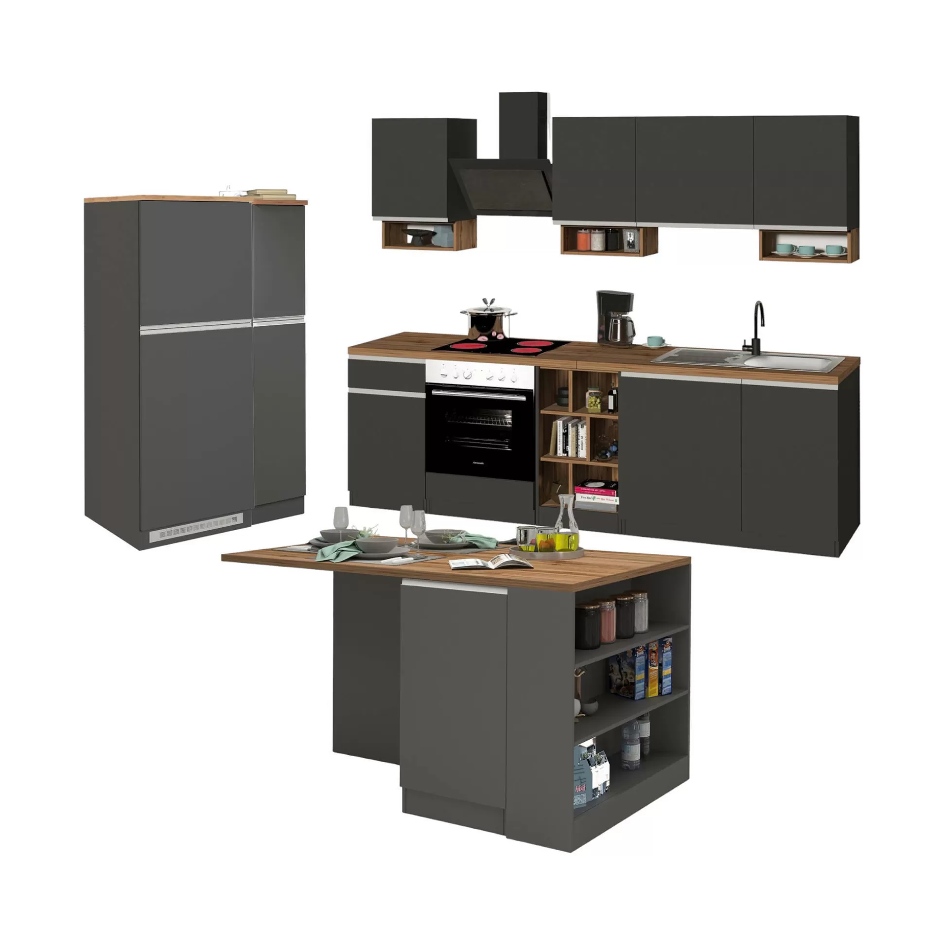 Dmora Cucine Complete<Cucina completa Danderso, 100% Made in Italy, Antracite e Rovere