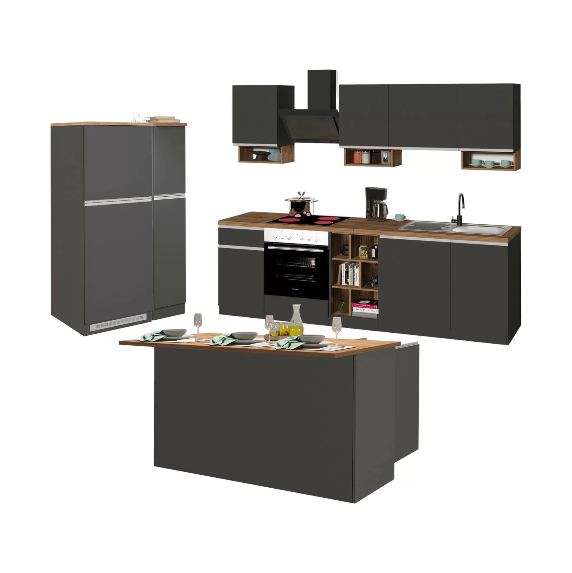 Dmora Cucine Complete<Cucina completa Danderso, 100% Made in Italy, Antracite e Rovere
