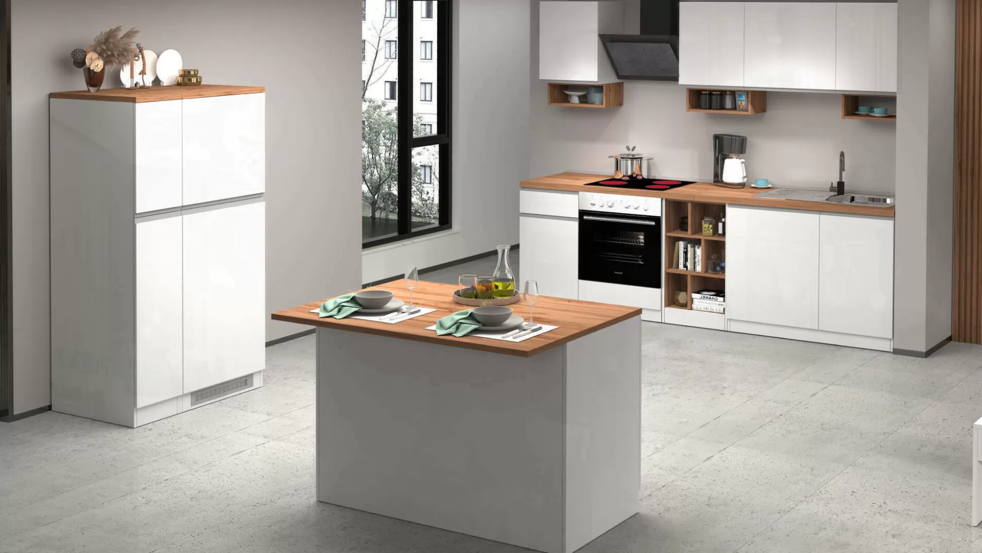 Dmora Cucine Complete<Cucina completa Daquilant, 100% Made in Italy, Bianco lucido e Rovere