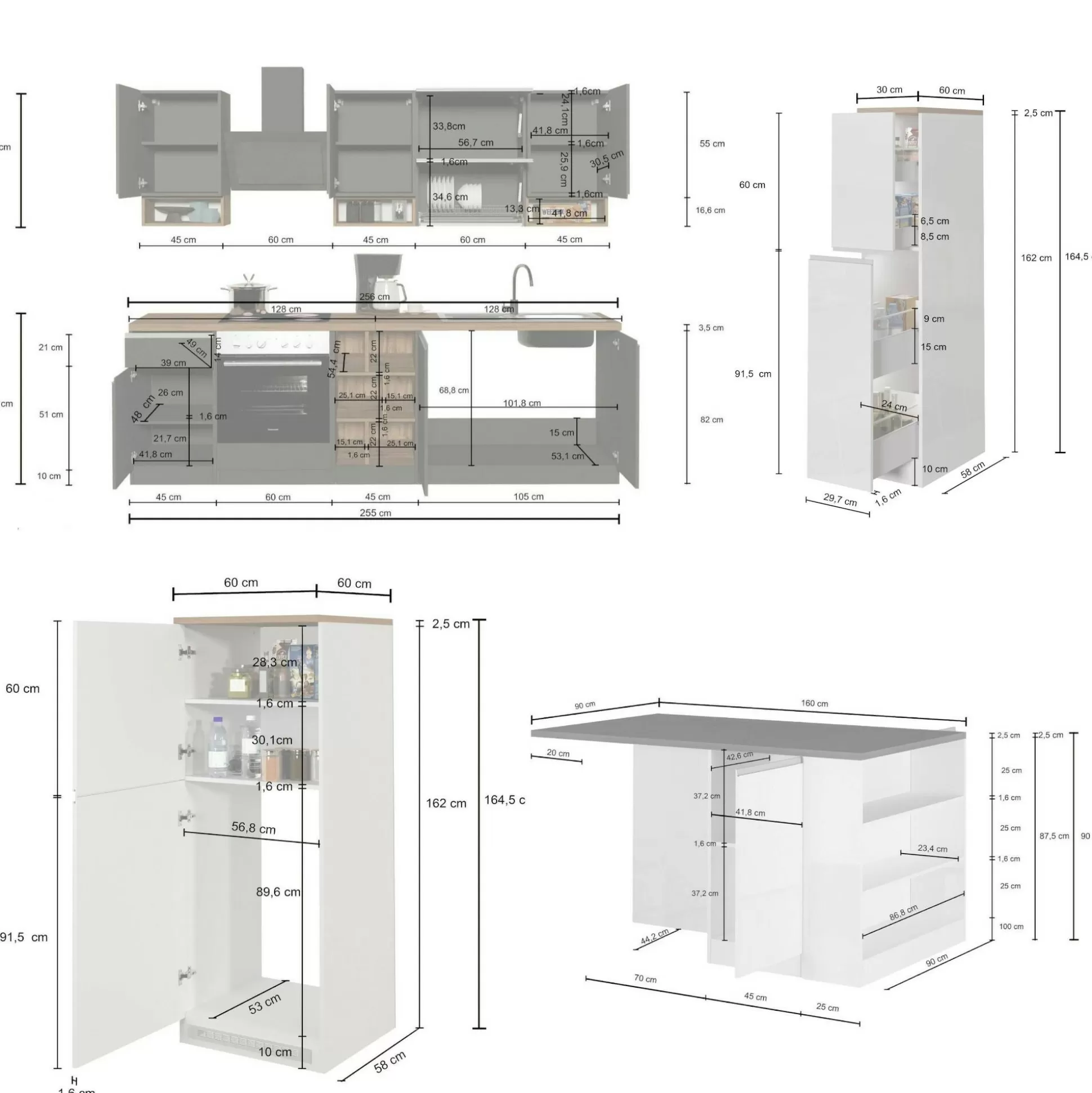Dmora Cucine Complete<Cucina completa Daquilant, 100% Made in Italy, Bianco lucido e Rovere