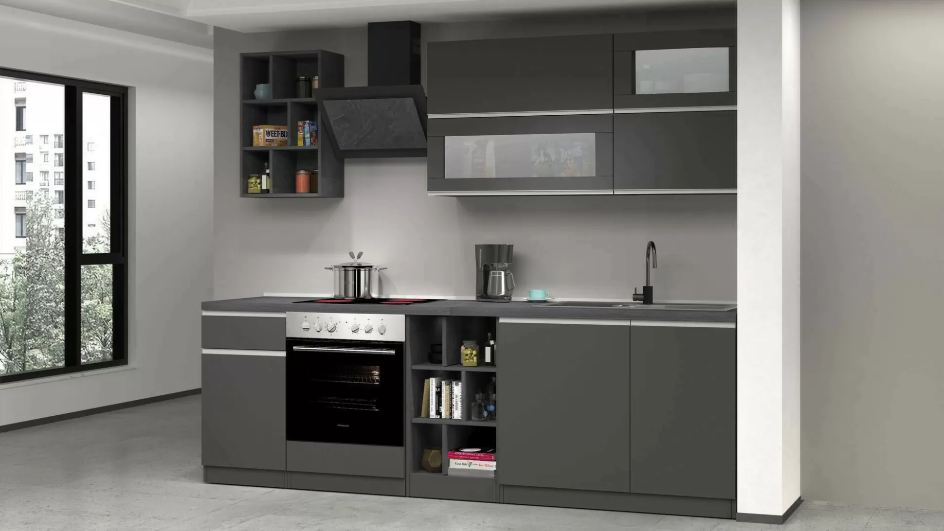 Dmora Cucine Complete<Cucina completa Fonti, 255x60h85 cm, Antracite e Ardesia