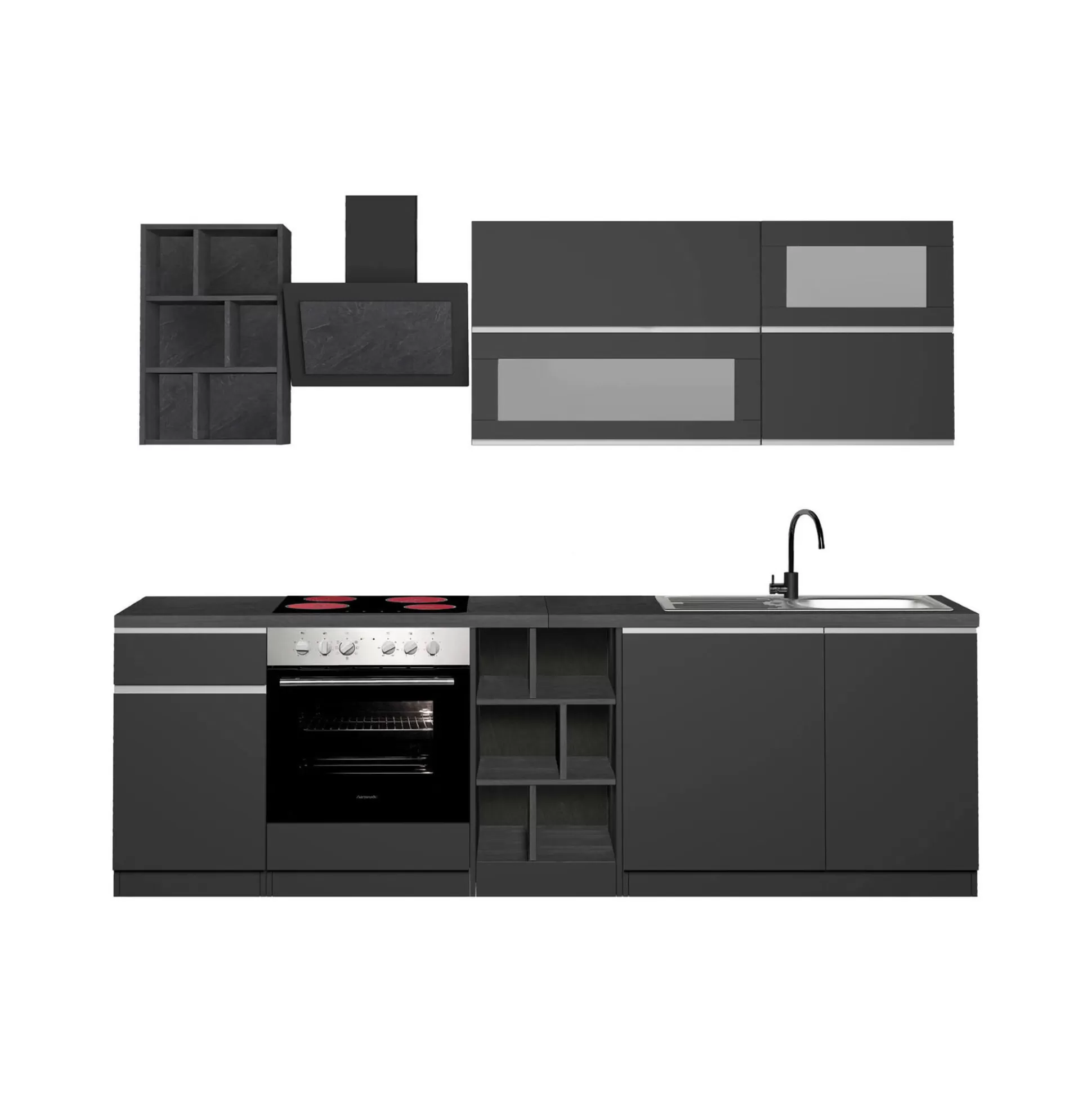 Dmora Cucine Complete<Cucina completa Fonti, 255x60h85 cm, Antracite e Ardesia
