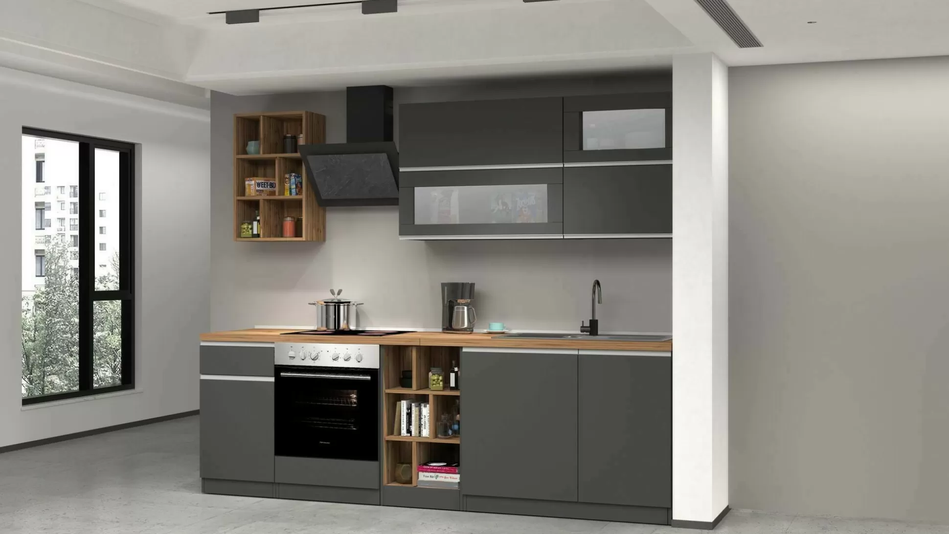 Dmora Cucine Complete<Cucina completa Fonti, 255x60h85 cm, Antracite e Rovere