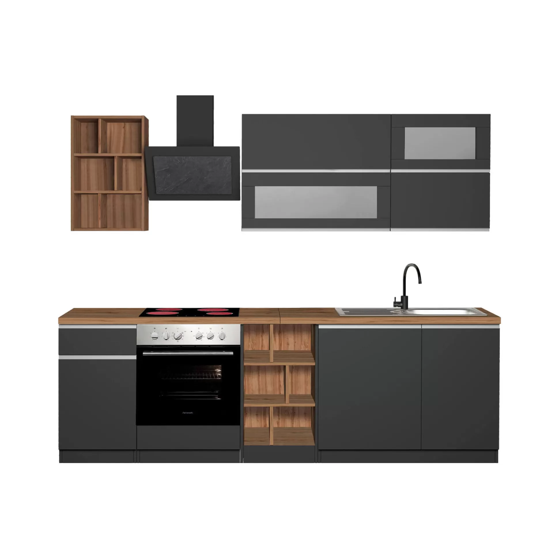 Dmora Cucine Complete<Cucina completa Fonti, 255x60h85 cm, Antracite e Rovere