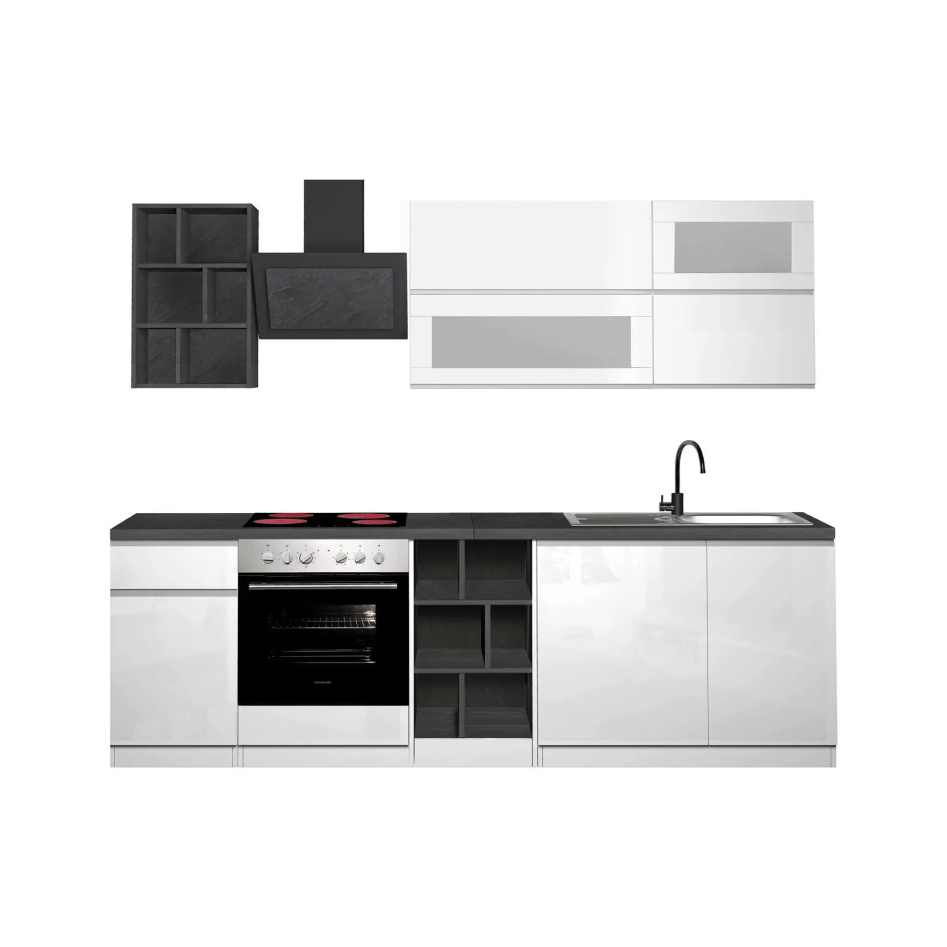Dmora Cucine Complete<Cucina completa Fonti, 255x60h85 cm, Bianco lucido e Ardesia