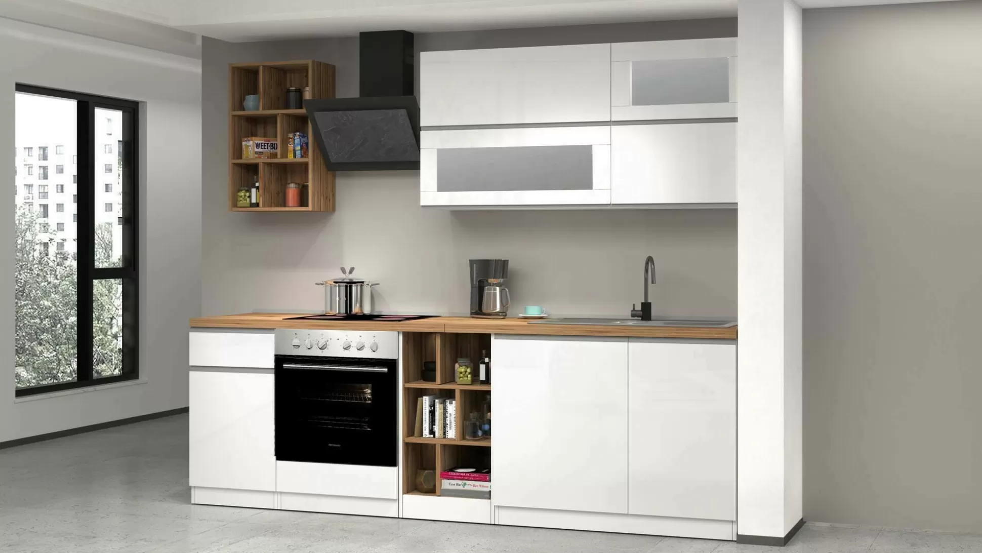 Dmora Cucine Complete<Cucina completa Fonti, 255x60h85 cm, Bianco lucido e Rovere