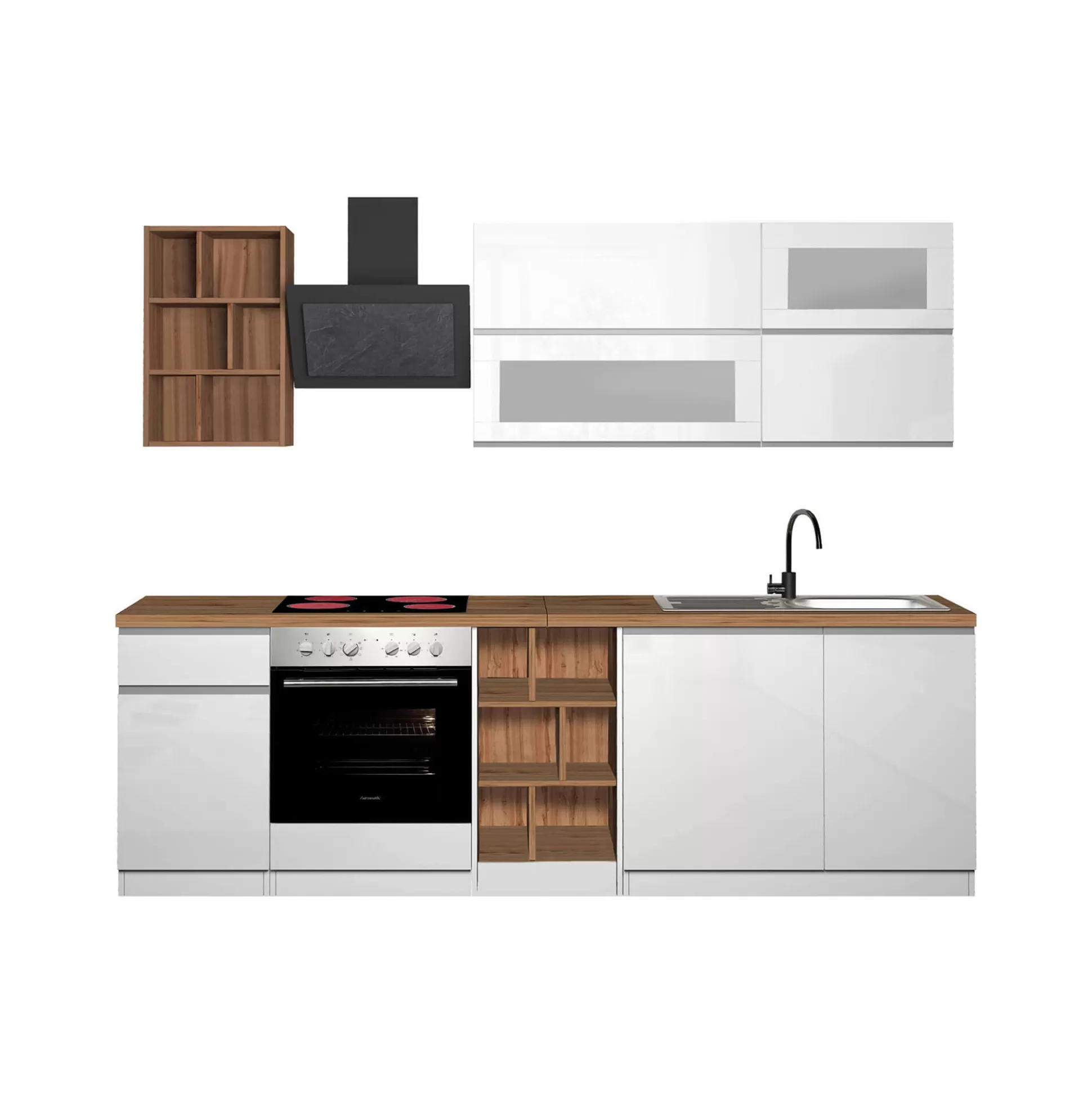 Dmora Cucine Complete<Cucina completa Fonti, 255x60h85 cm, Bianco lucido e Rovere