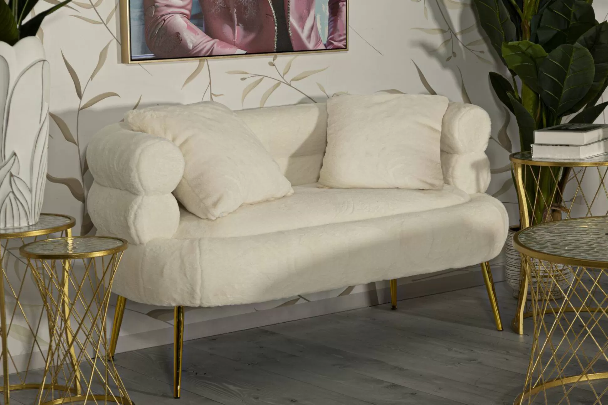 Dmora Divani Fissi 2 Posti<Divano fisso 2 posti Casier, 133x68 h69 cm, Bianco e Oro