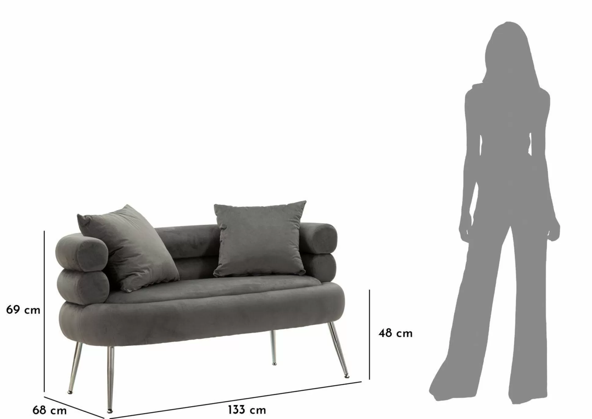 Dmora Divani Fissi 2 Posti<Divano fisso 2 posti Casier, 133x68 h69 cm, Grigio e Argento