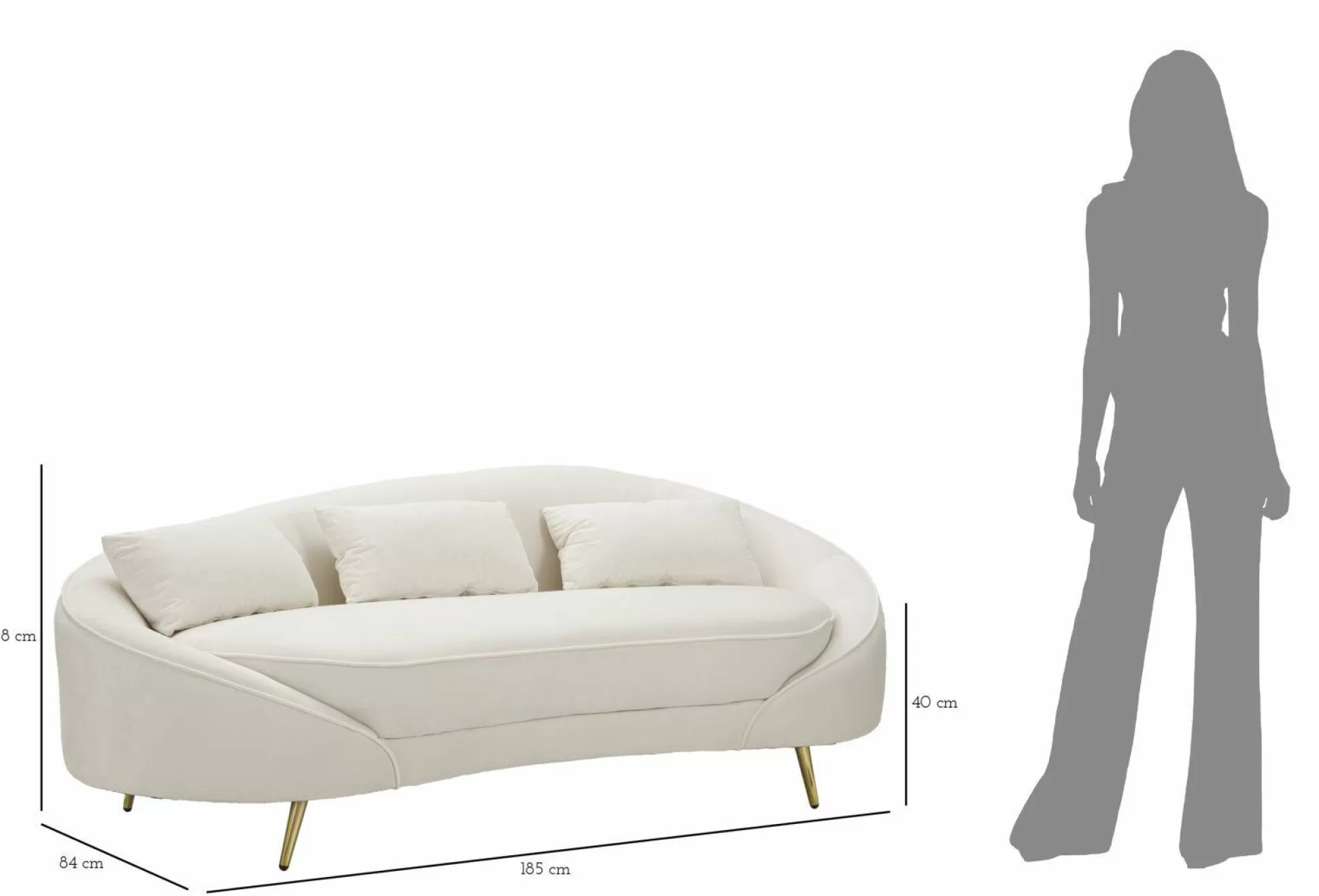 Dmora Divani Fissi 3 Posti<Divano fisso 3 posti Verte, 185x84 h68 cm, Crema e Oro