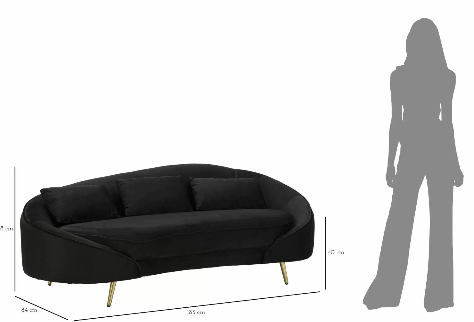 Dmora Divani Fissi 3 Posti<Divano fisso 3 posti Verte, 185x84 h68 cm, Nero e Oro