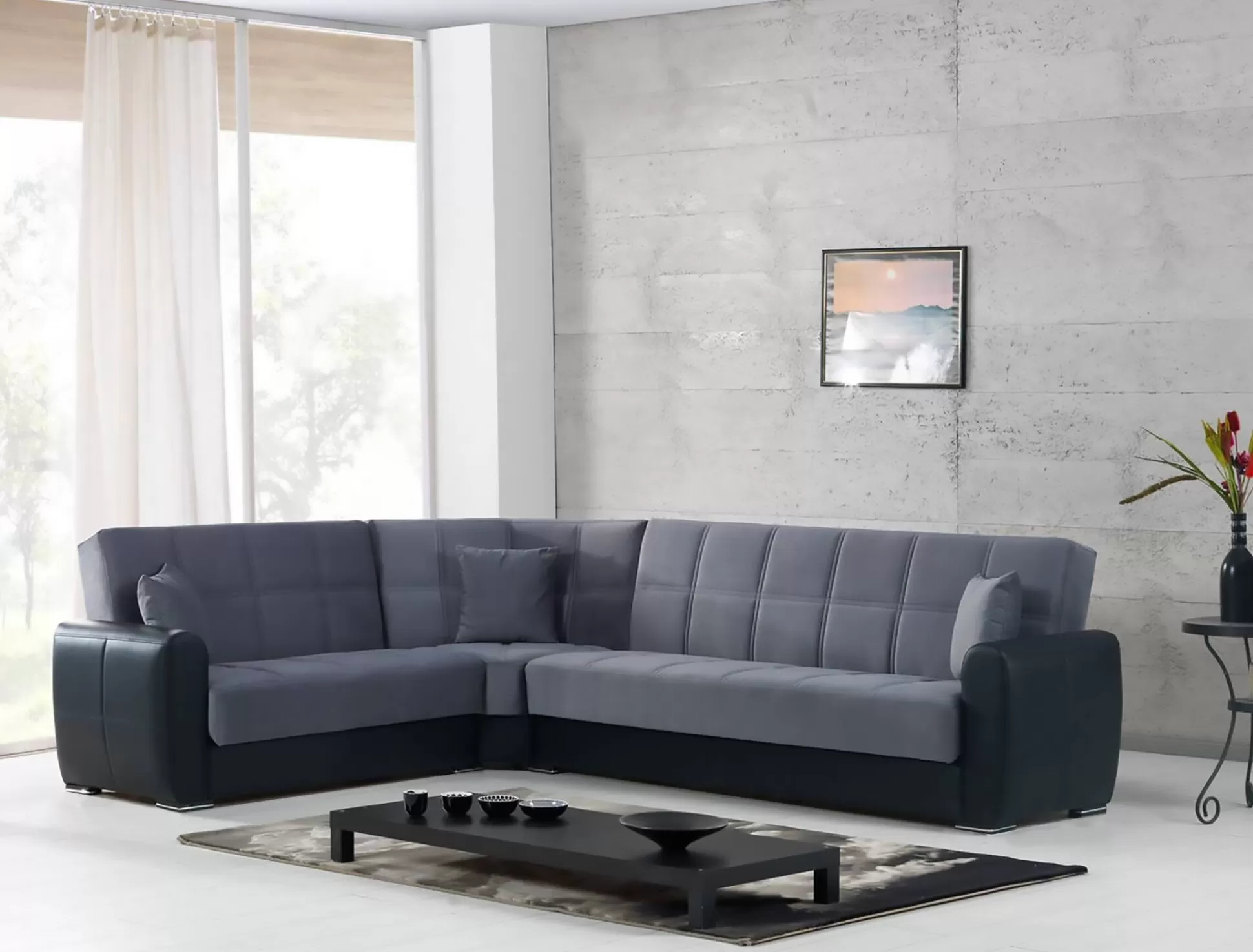 Dmora Divani Letto Con Penisola<Divano letto con penisola Dgytkja, 305x238h91 cm, Nero e Grigio