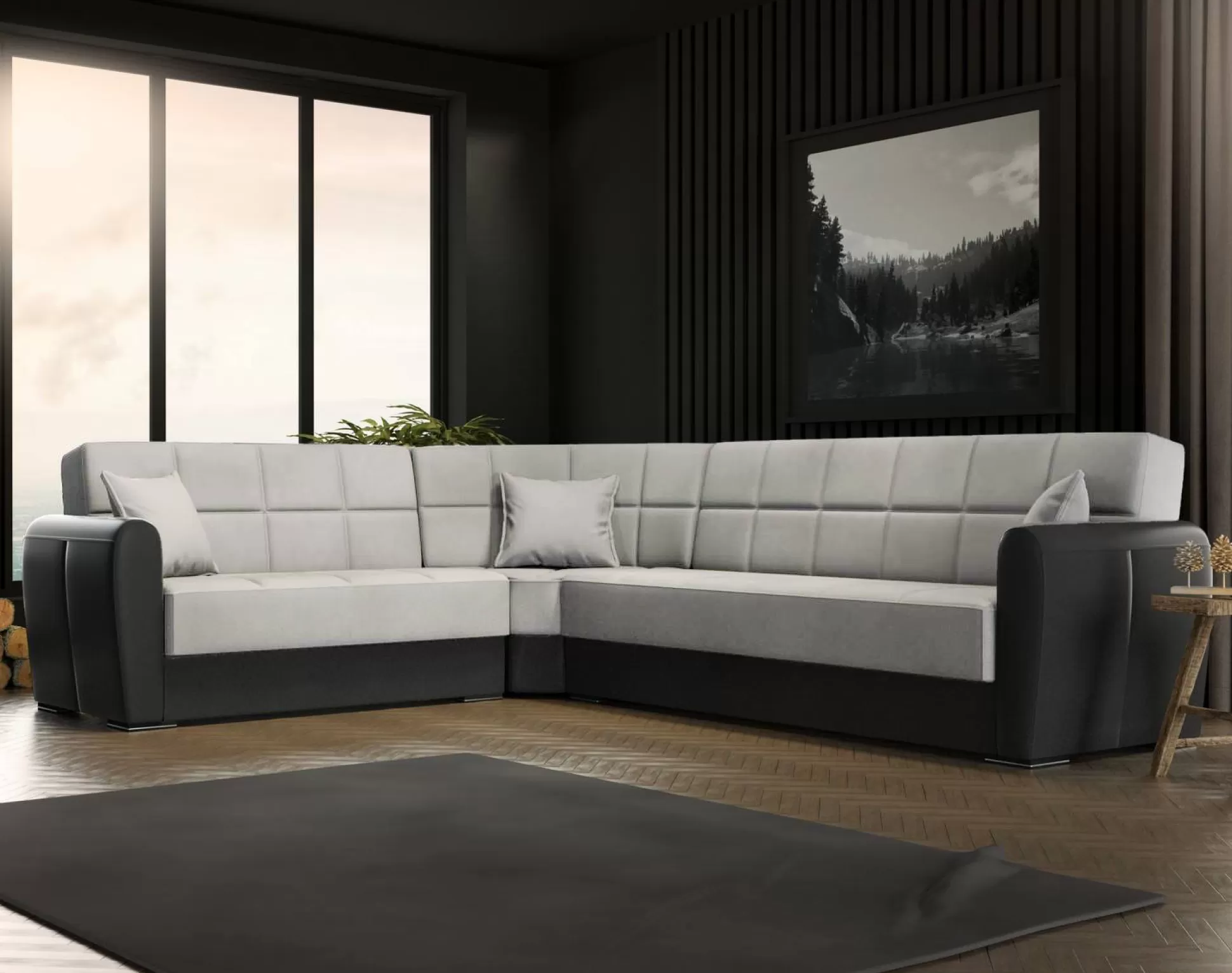 Dmora Divani Letto Con Penisola<Divano letto con penisola Dgytkja, 305x238h91 cm, Nero e Grigio Chiaro