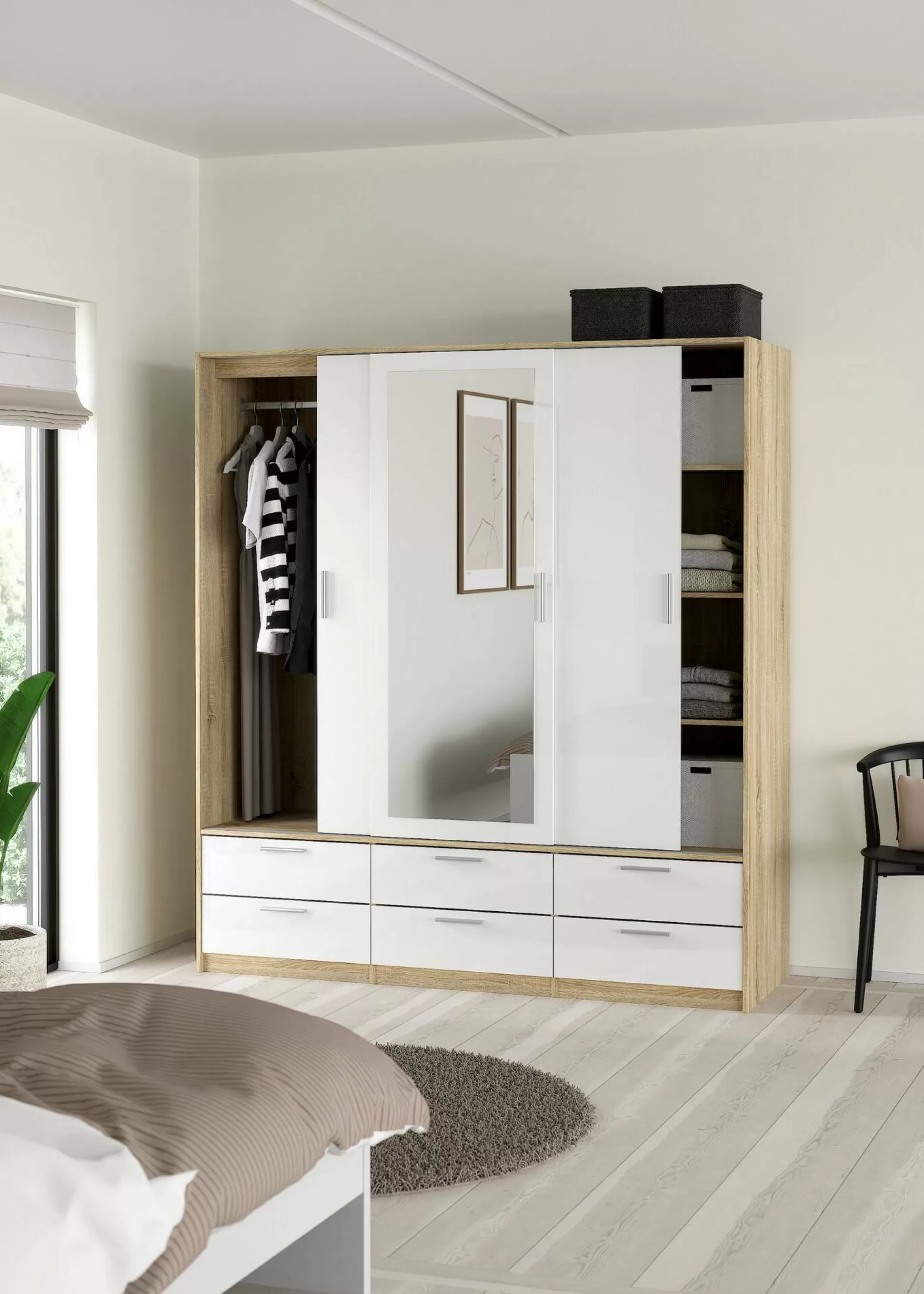 Dmora Guardaroba 3 Ante<Guardaroba 3 ante Anabelle, Mobile camera da letto, Cabina armadio portabiti, Armadio appendiabiti, 181x60 h200 cm, Quercia e Bianco