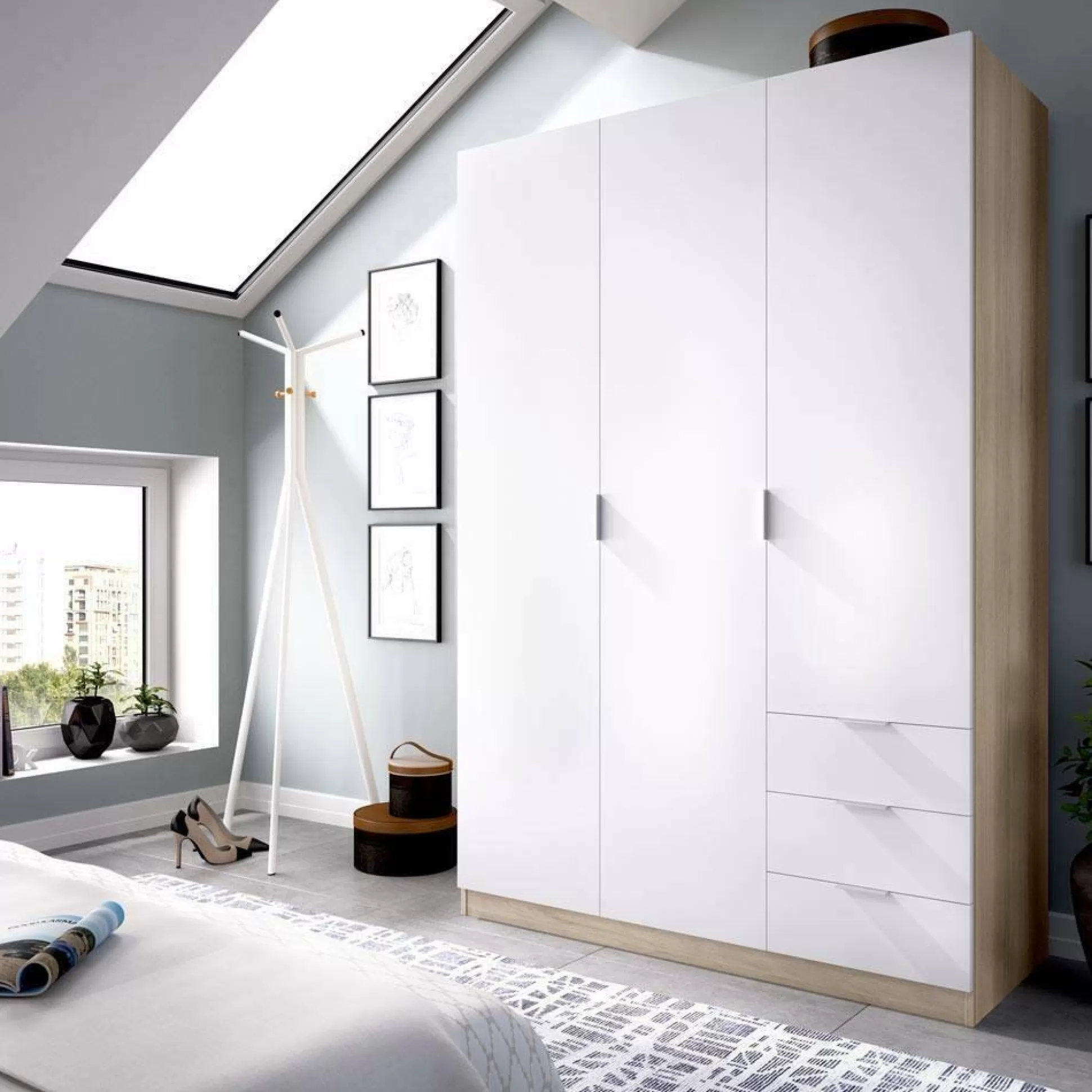 Dmora Guardaroba 3 Ante<Guardaroba 3 ante Apaches, 121x52h180 cm, Bianco e Rovere