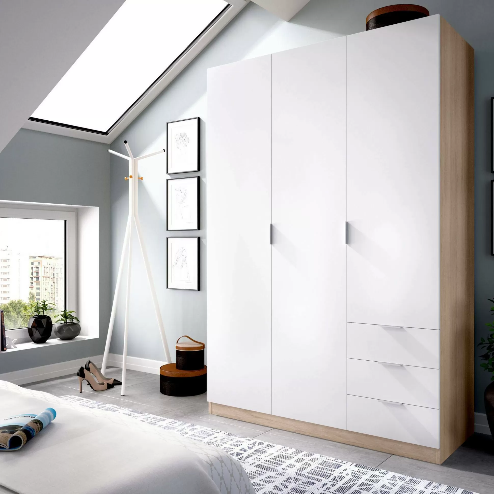 Dmora Guardaroba 3 Ante<Guardaroba 3 ante Astru, 121x52h184 cm, Bianco e Rovere
