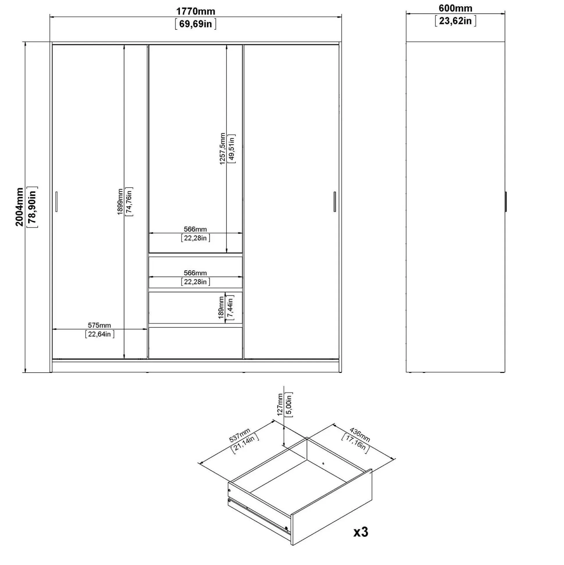 Dmora Guardaroba 3 Ante<Guardaroba 3 ante Delphine, Mobile camera da letto, Cabina armadio portabiti, Armadio appendiabiti, 60x177 h200 cm, Bianco